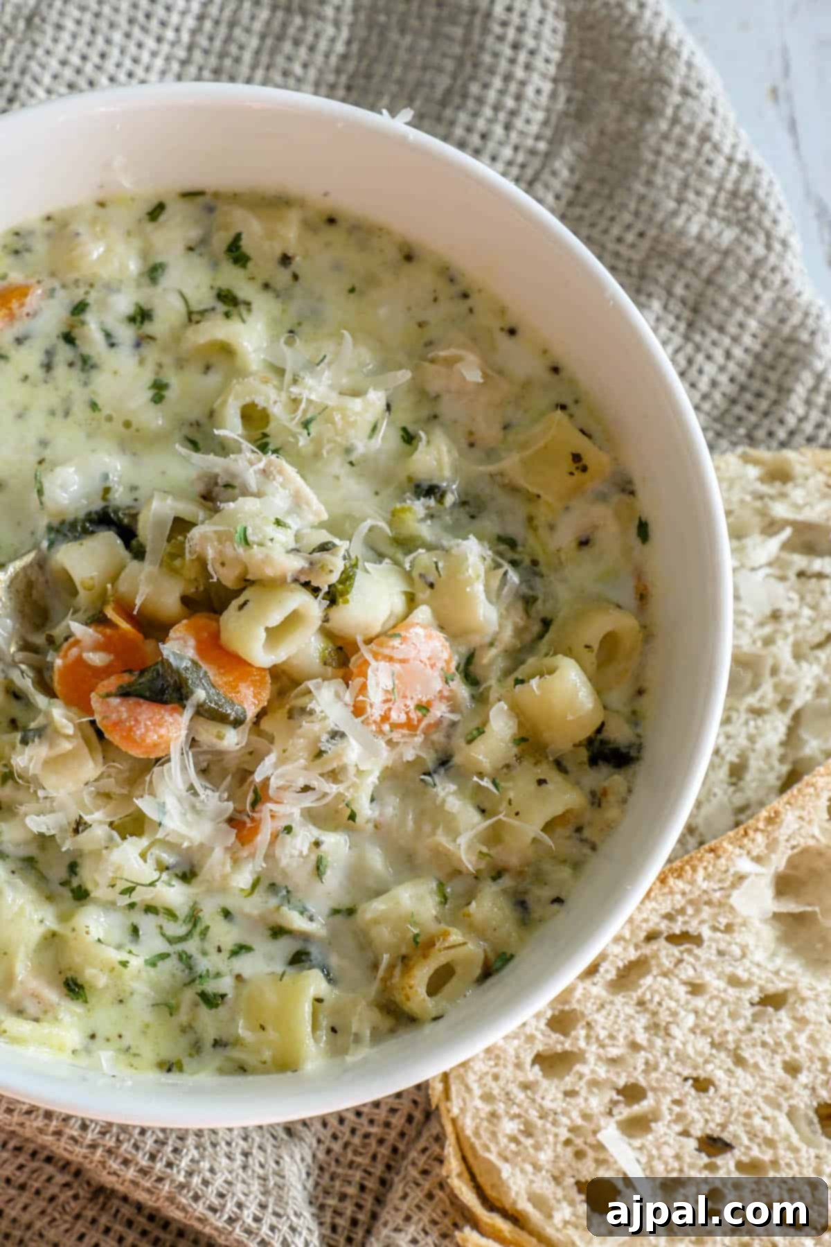 Velvety Creamy Chicken Noodle Soup 3 A beautifully presented creamy bowl of chicken noodle soup, with a side of golden-brown bread.