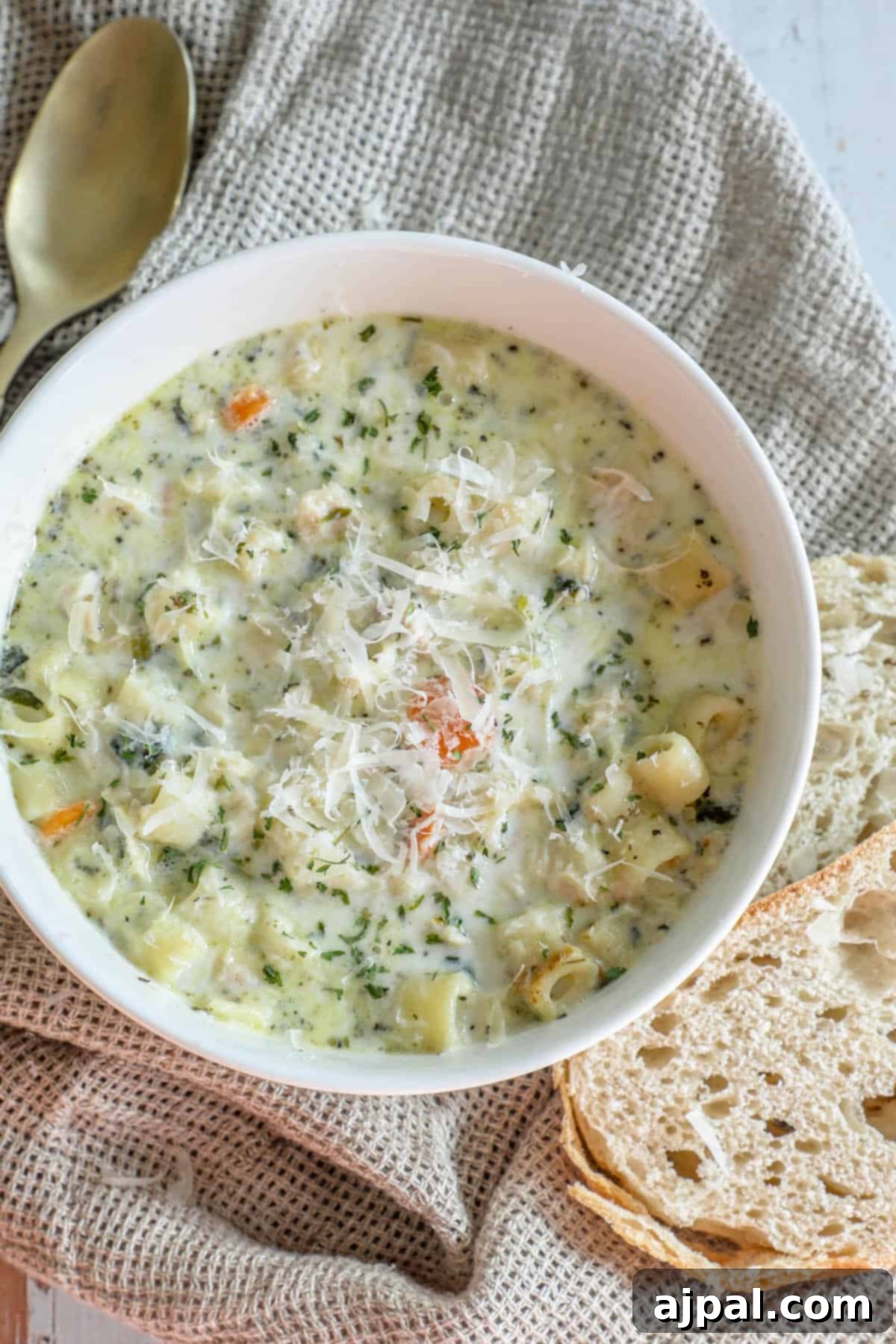 Velvety Creamy Chicken Noodle Soup 4 A creamy chicken noodle soup served with fresh parsley and a slice of bread.