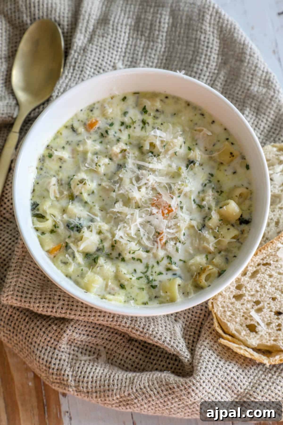 Velvety Creamy Chicken Noodle Soup 5 A heartwarming creamy chicken noodle soup with bread on a rustic wooden table, invitingly warm.