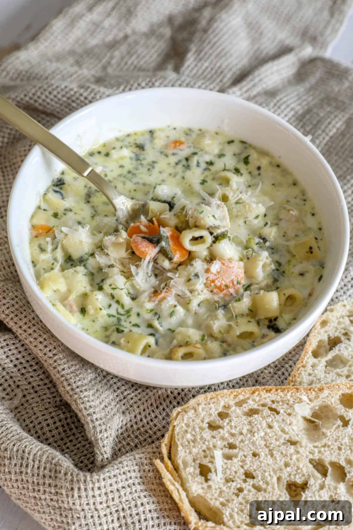 Velvety Creamy Chicken Noodle Soup 6 A creamy bowl of chicken noodle soup with fresh herbs and a piece of bread next to it.