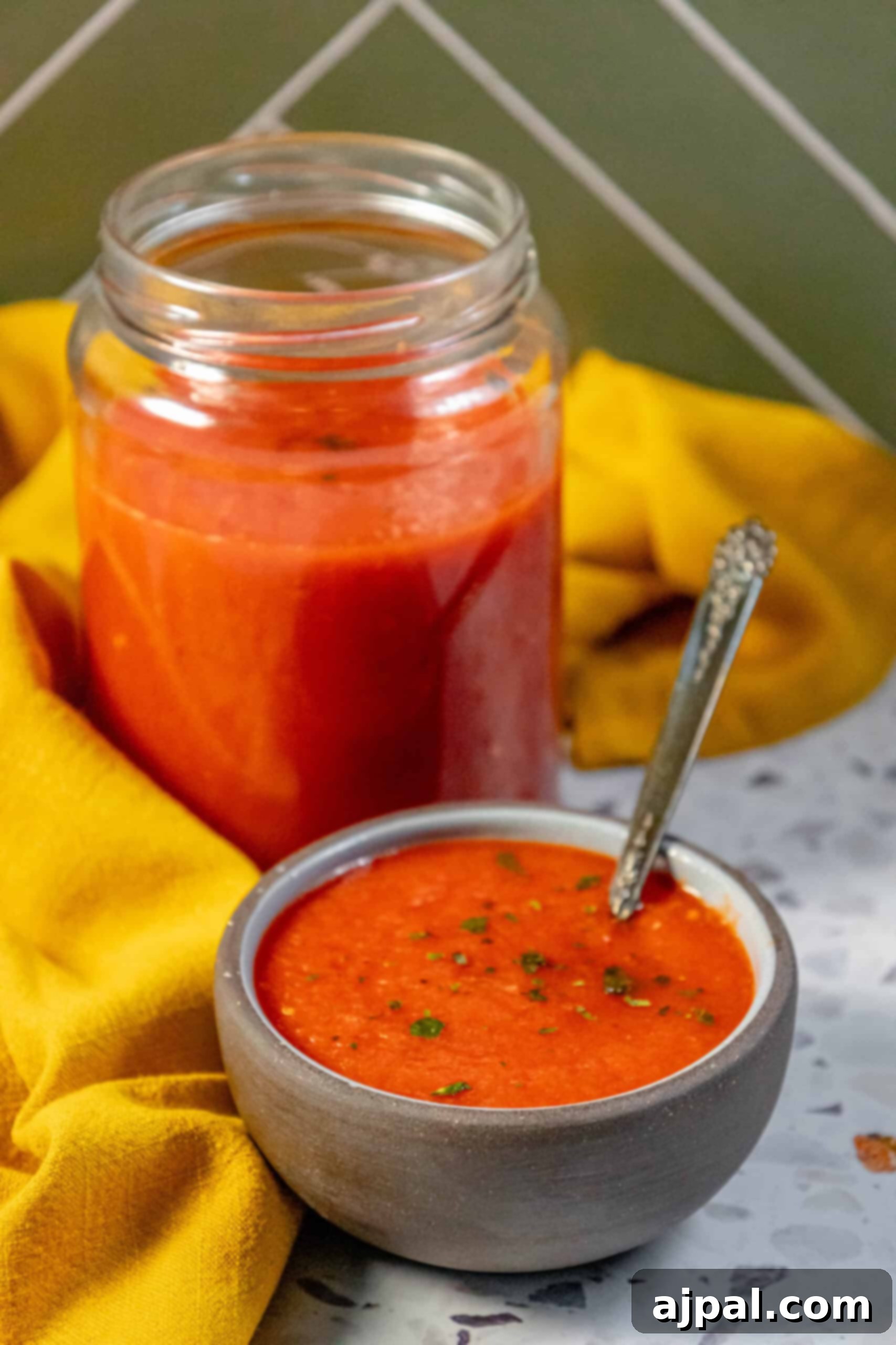 Versatile Margherita Tomato Sauce in a Jar A jar of rich tomato sauce with a spoon, perfectly illustrating the versatility of Margherita sauce for various dishes beyond pizza.