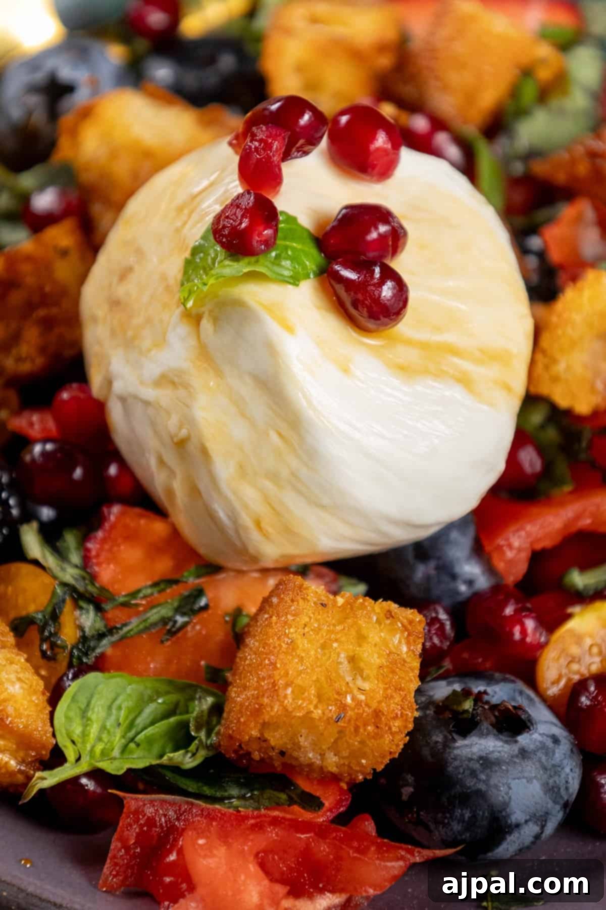Summer Berry Burrata Medley 15 A vibrant salad generously topped with fresh berries and a scoop of refreshing pomegranate sorbet.