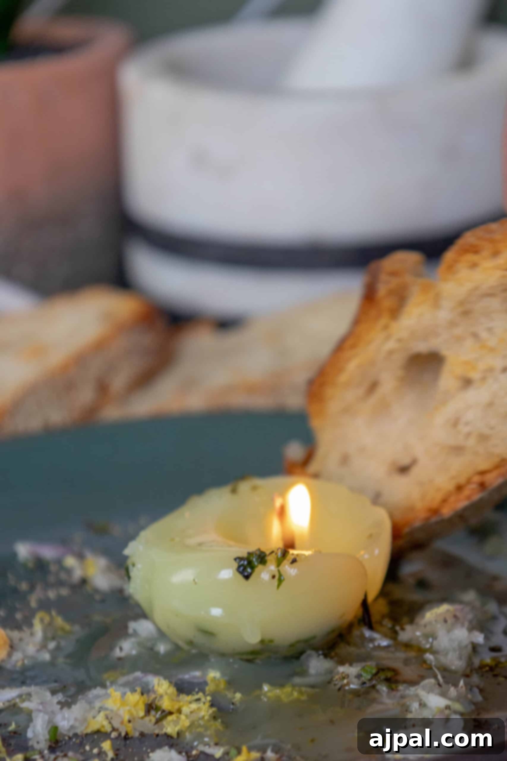A vibrant green plate holds a delicate edible tallow candle, ready to be lit and enjoyed.