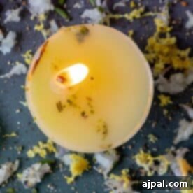 A beautifully crafted tallow candle, adorned with herbs and lemon slices, ready to be ignited.