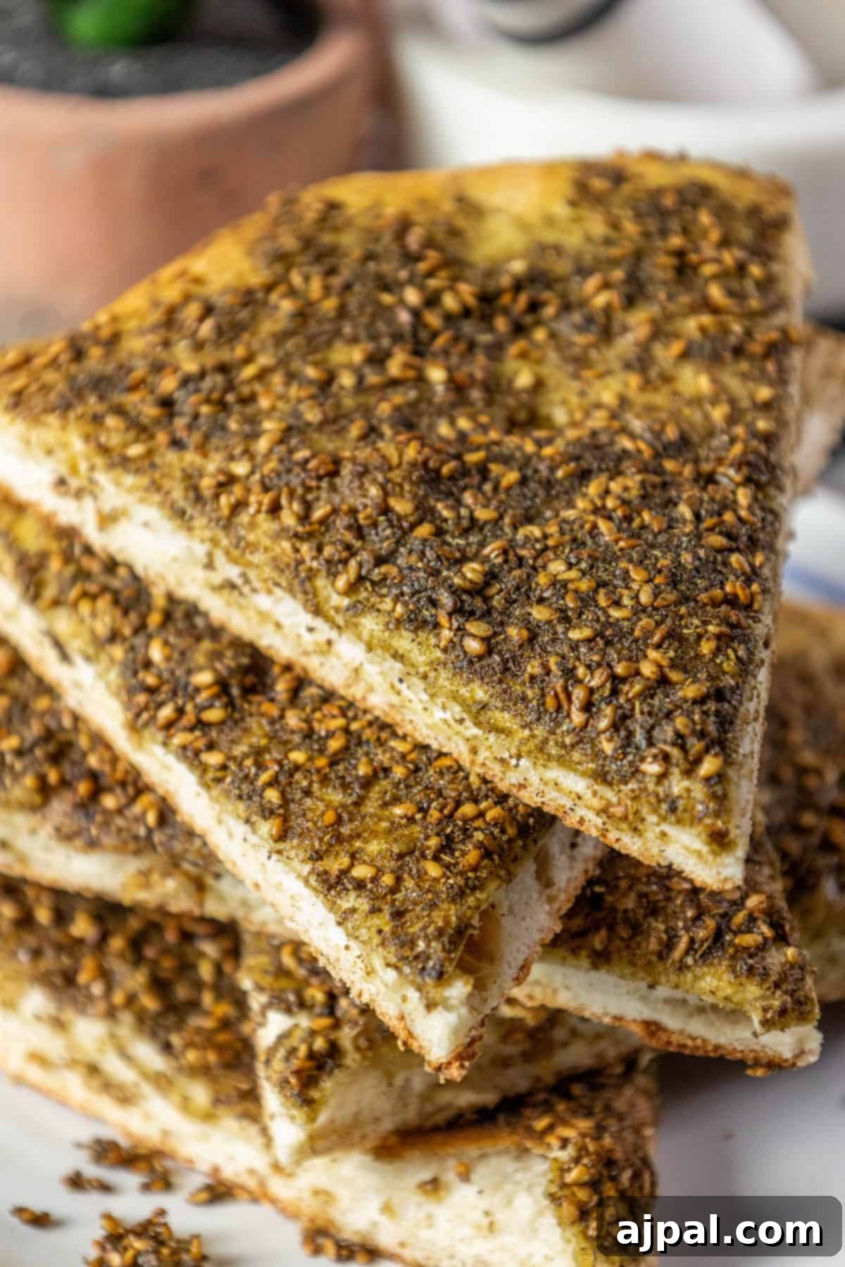 Aromatic Zaatar Pizza 4 A plate with a stack of manakish, a type of flatbread, with za'atar (a seasoning blend) and pistachios on it.