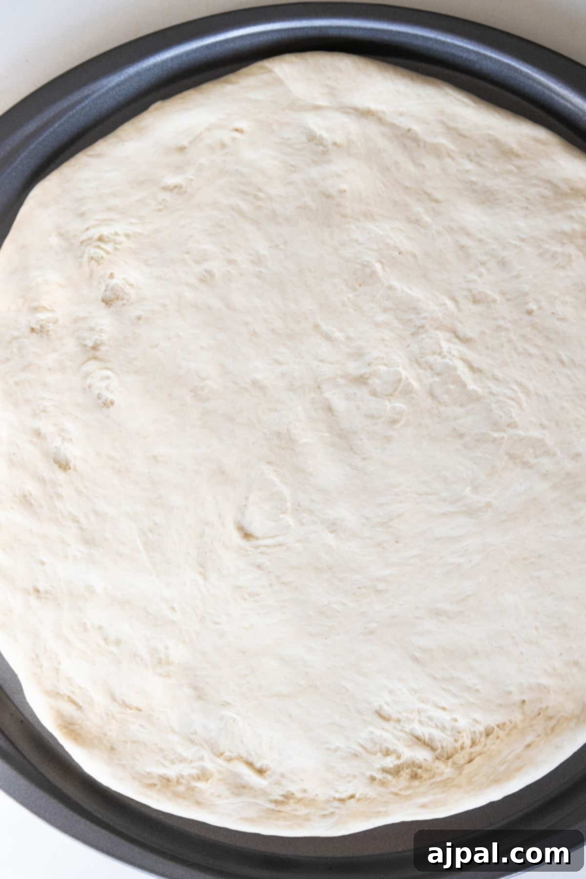 Aromatic Zaatar Pizza 5 A pizza dough sprinkled with za'atar in a pan on a white surface.