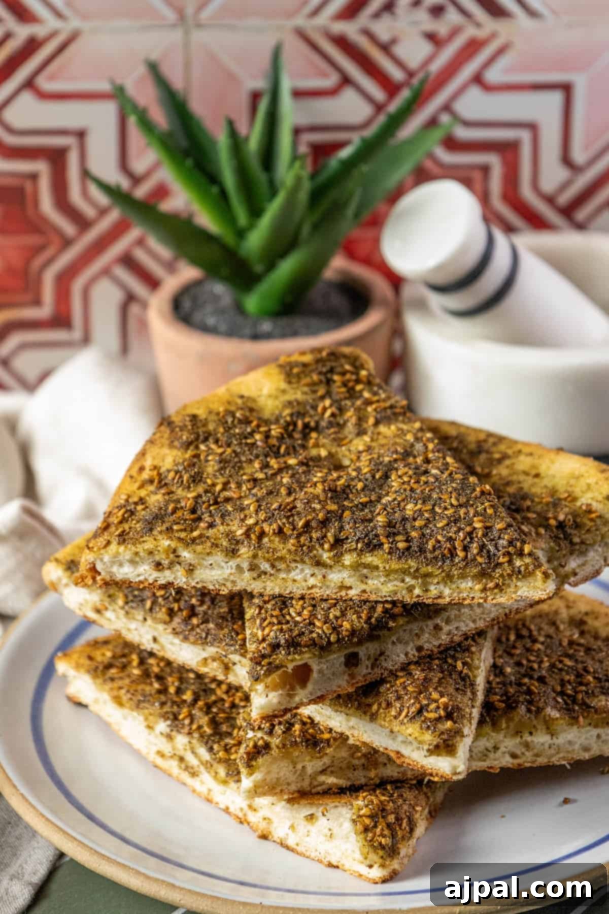 Aromatic Zaatar Pizza 9 A plate with a stack of flatbreads topped with Za'Atar.