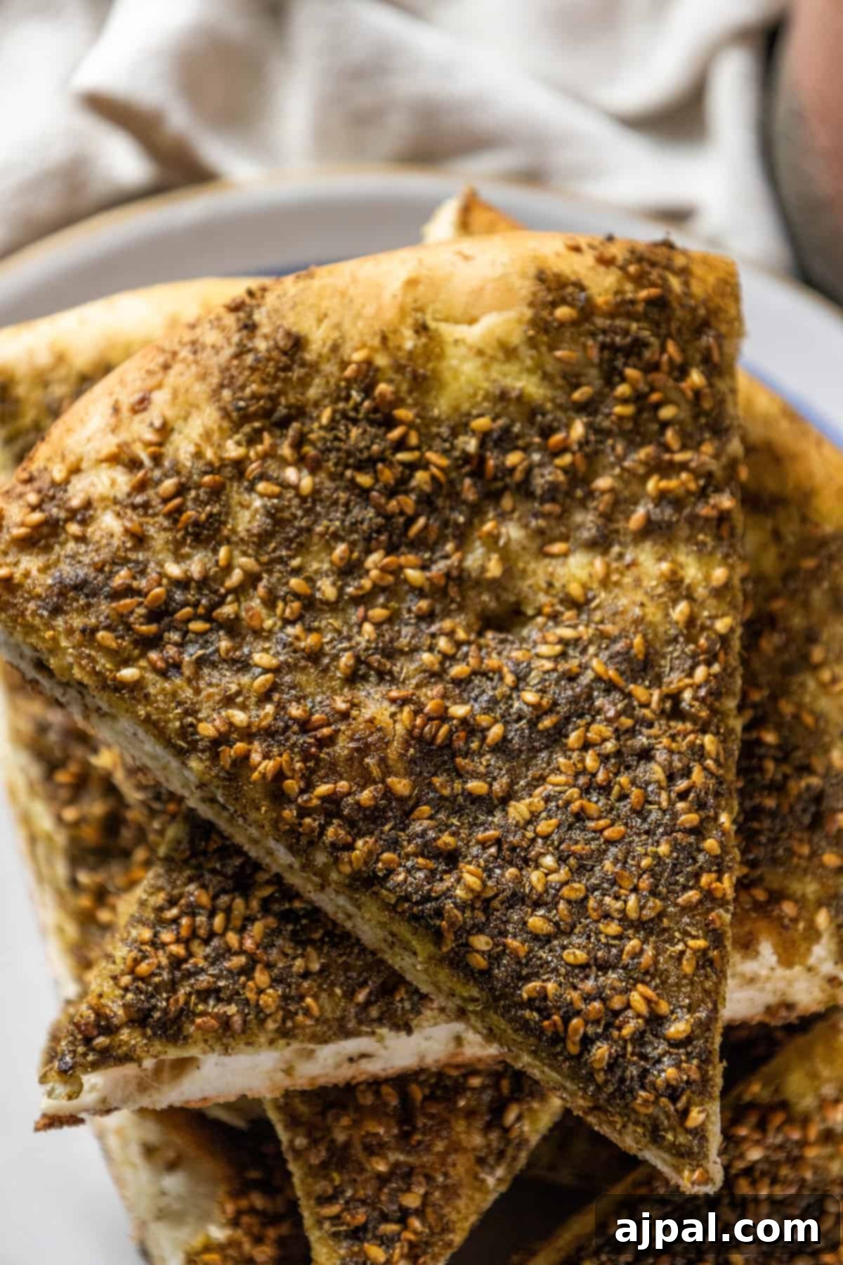 Aromatic Zaatar Pizza 10 A plate with a stack of pita bread and pomegranate seeds on it, sprinkled with Za'atar seasoning.