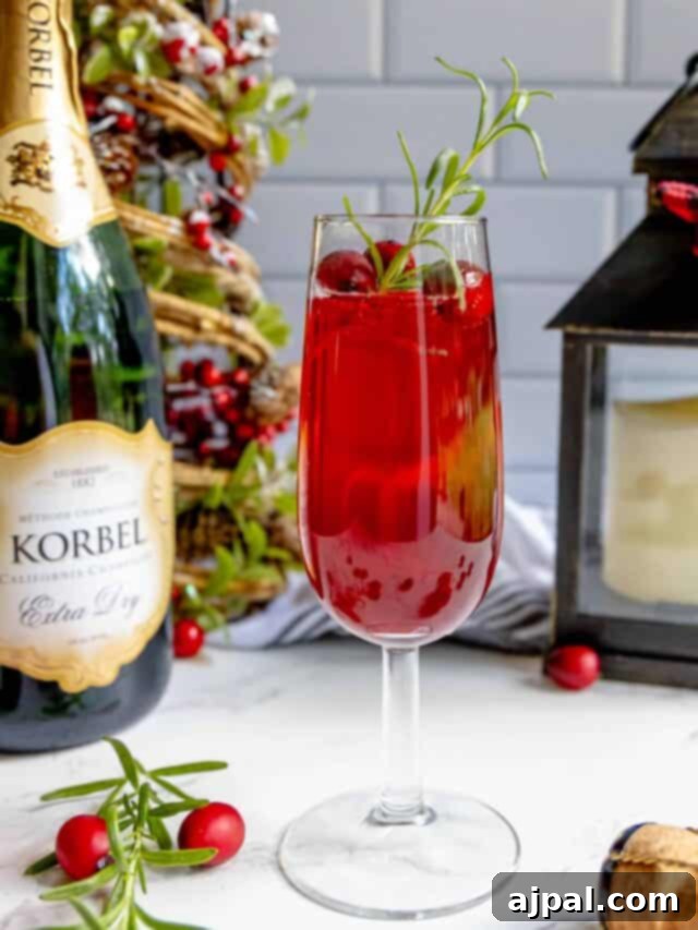 A glass of cranberry champagne cocktail with cranberries and sprigs of rosemary.