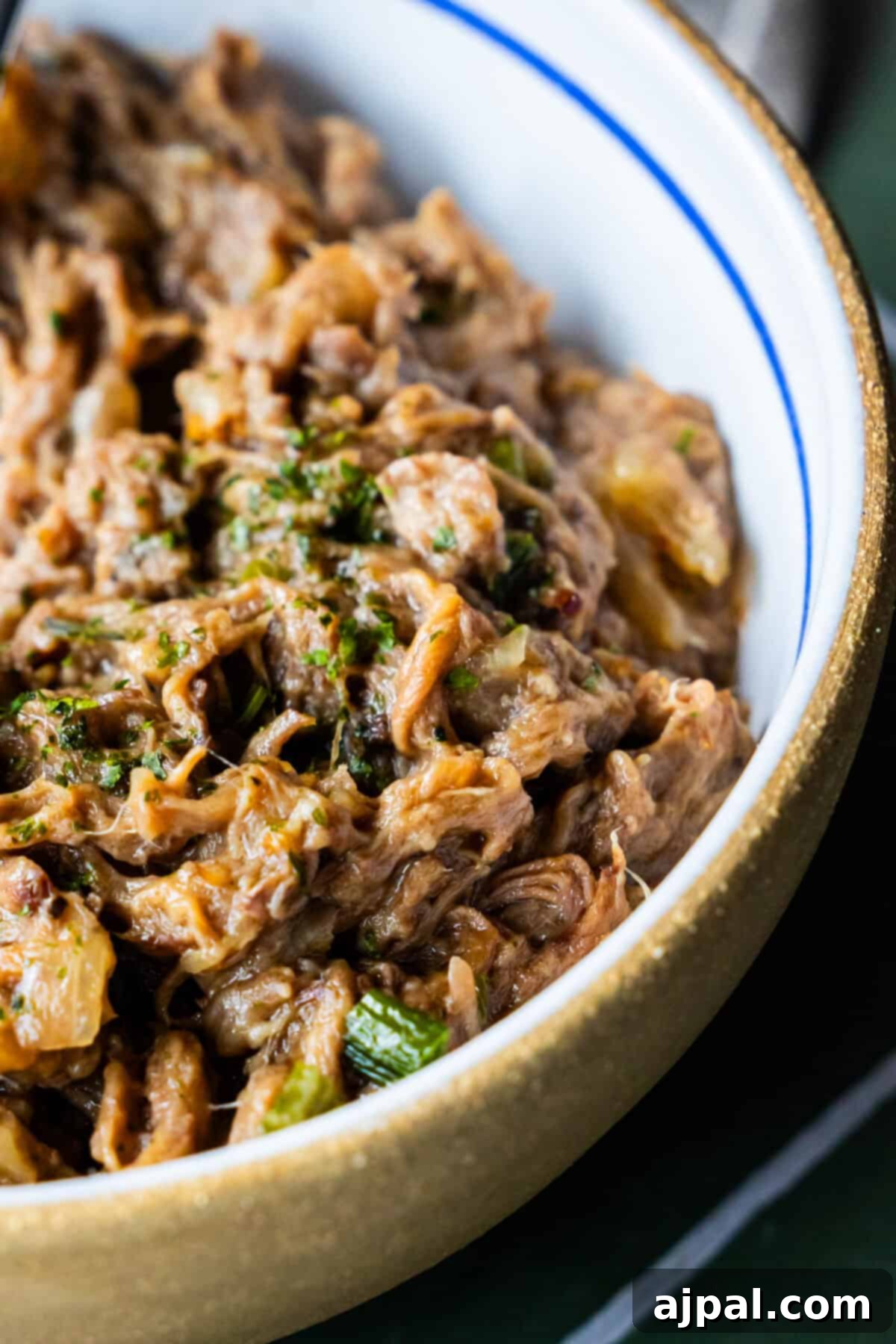 Close-up of shredded Pot Roast beef mixed with herbs and vegetables.