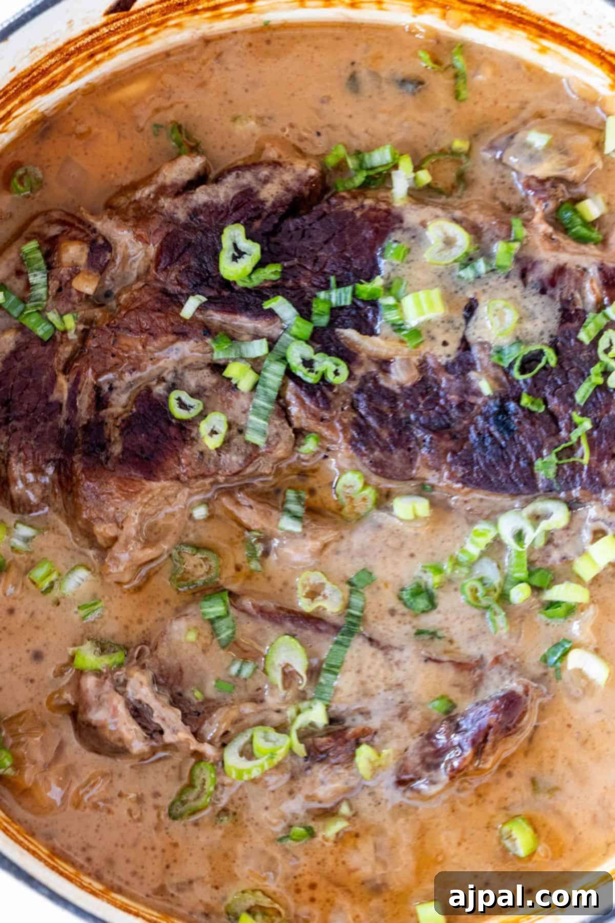 Tender beef in creamy sauce, garnished with green onions.