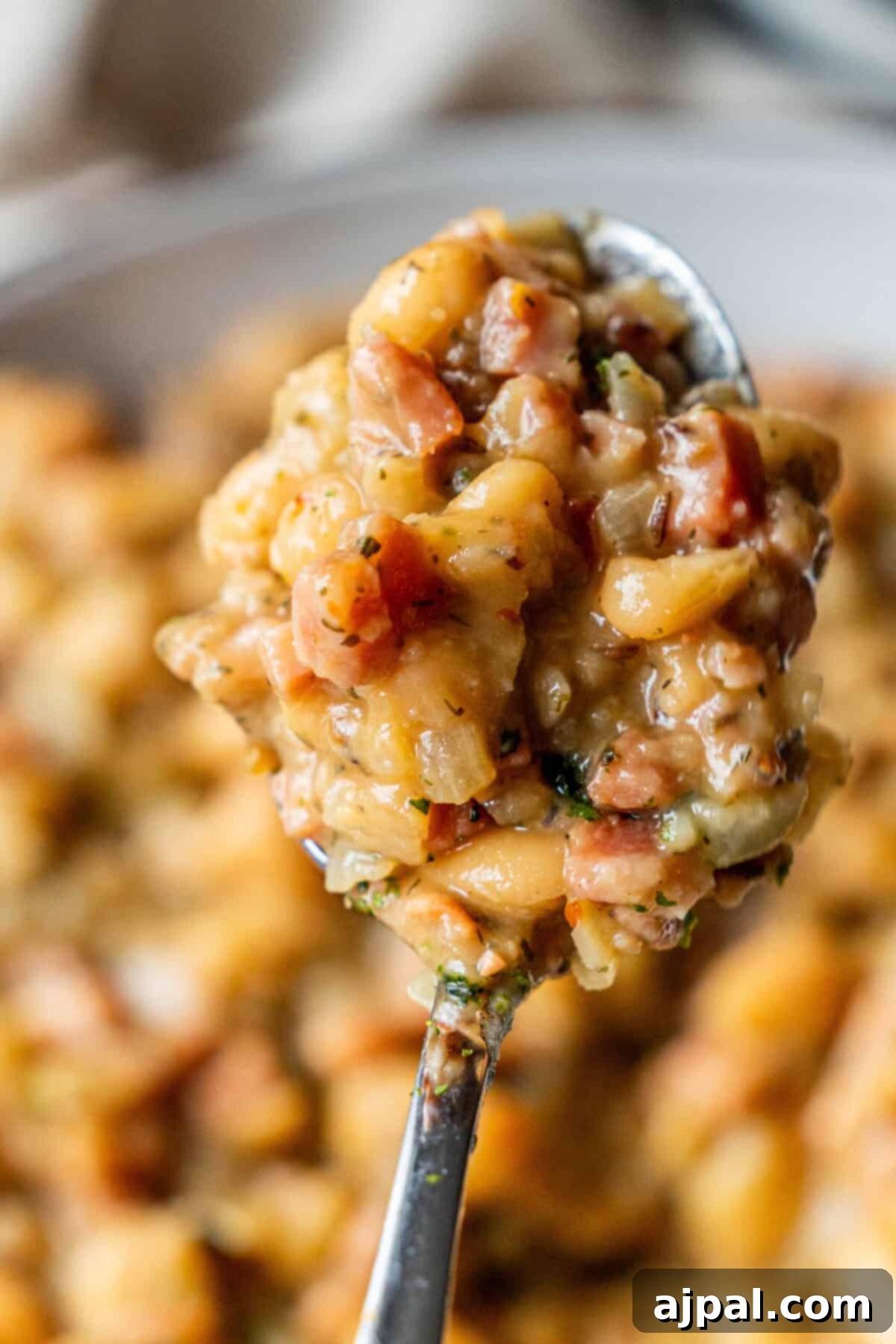 A spoonful of creamy, chunky old-fashioned ham and beans stew
