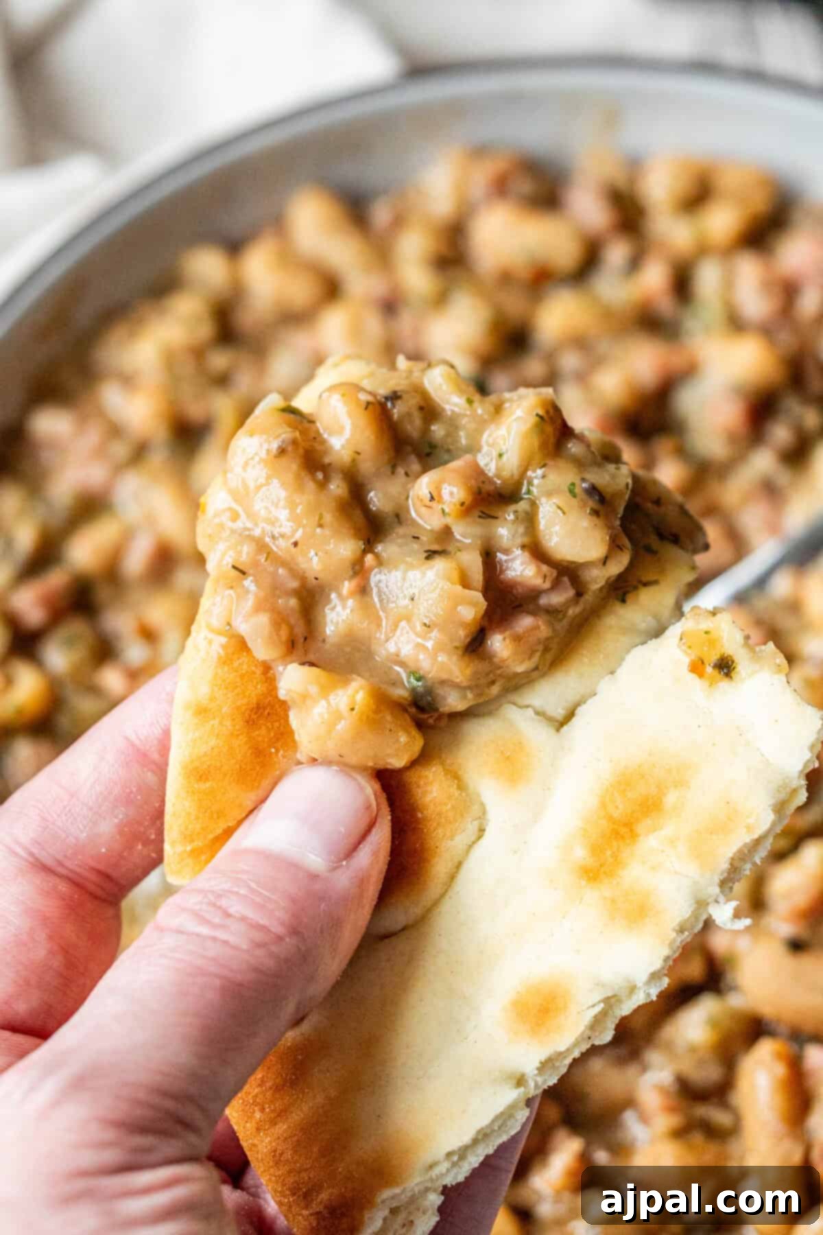 Naan bread topped with thick, chunky old-fashioned bean stew