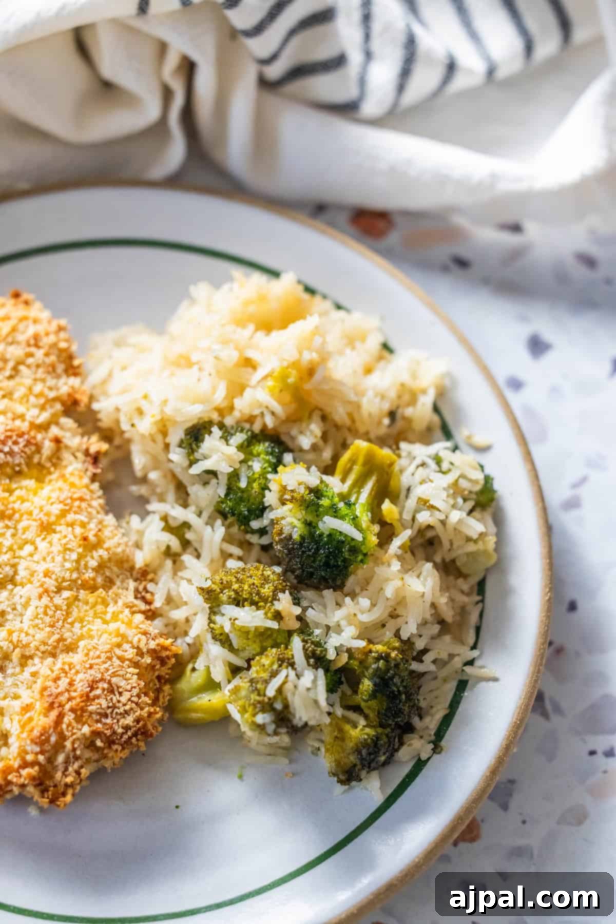 Plate of baked chicken, broccoli, and Baked Ranch Rice