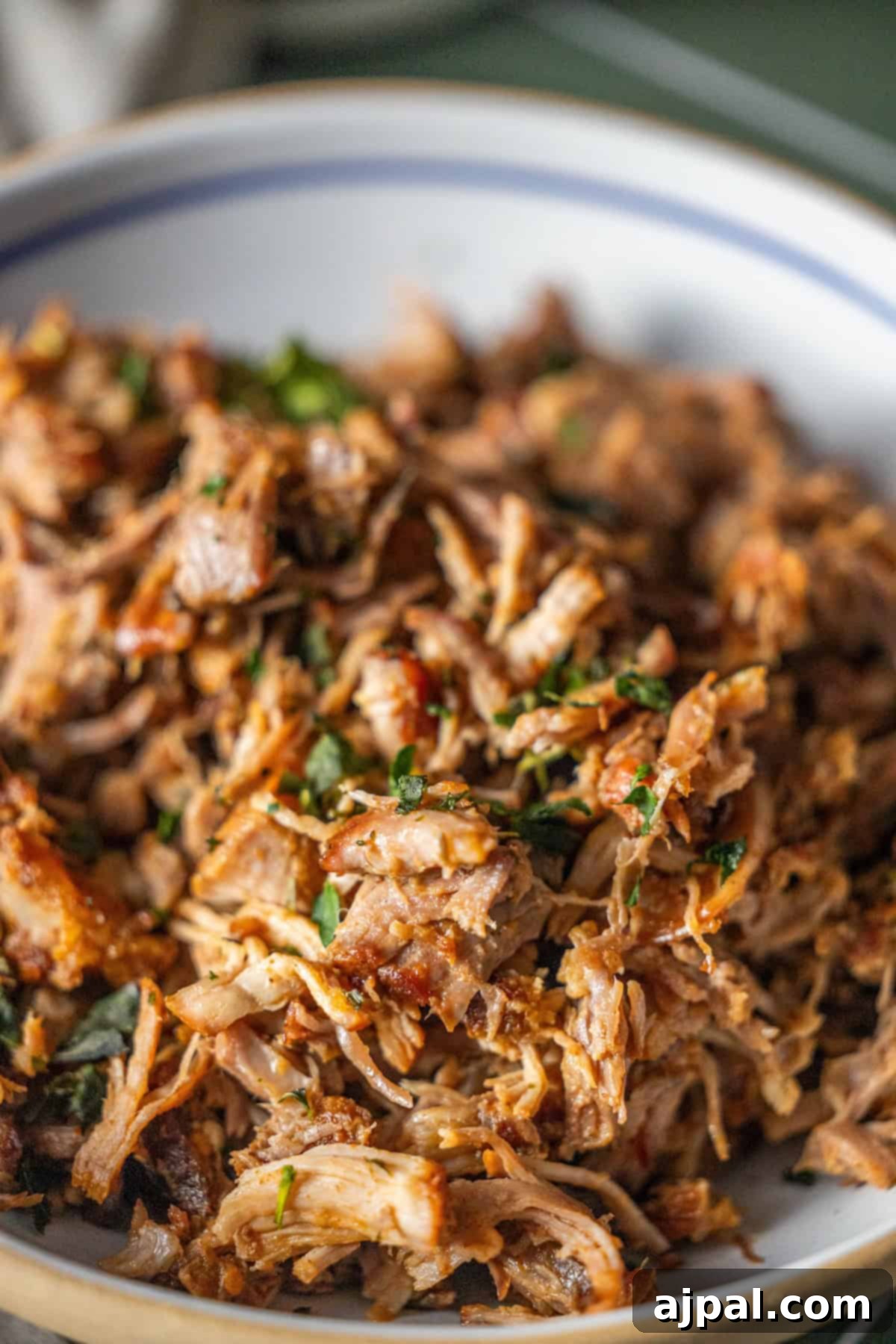 Close-up of shredded, cooked Country Style Ribs garnished with herbs.