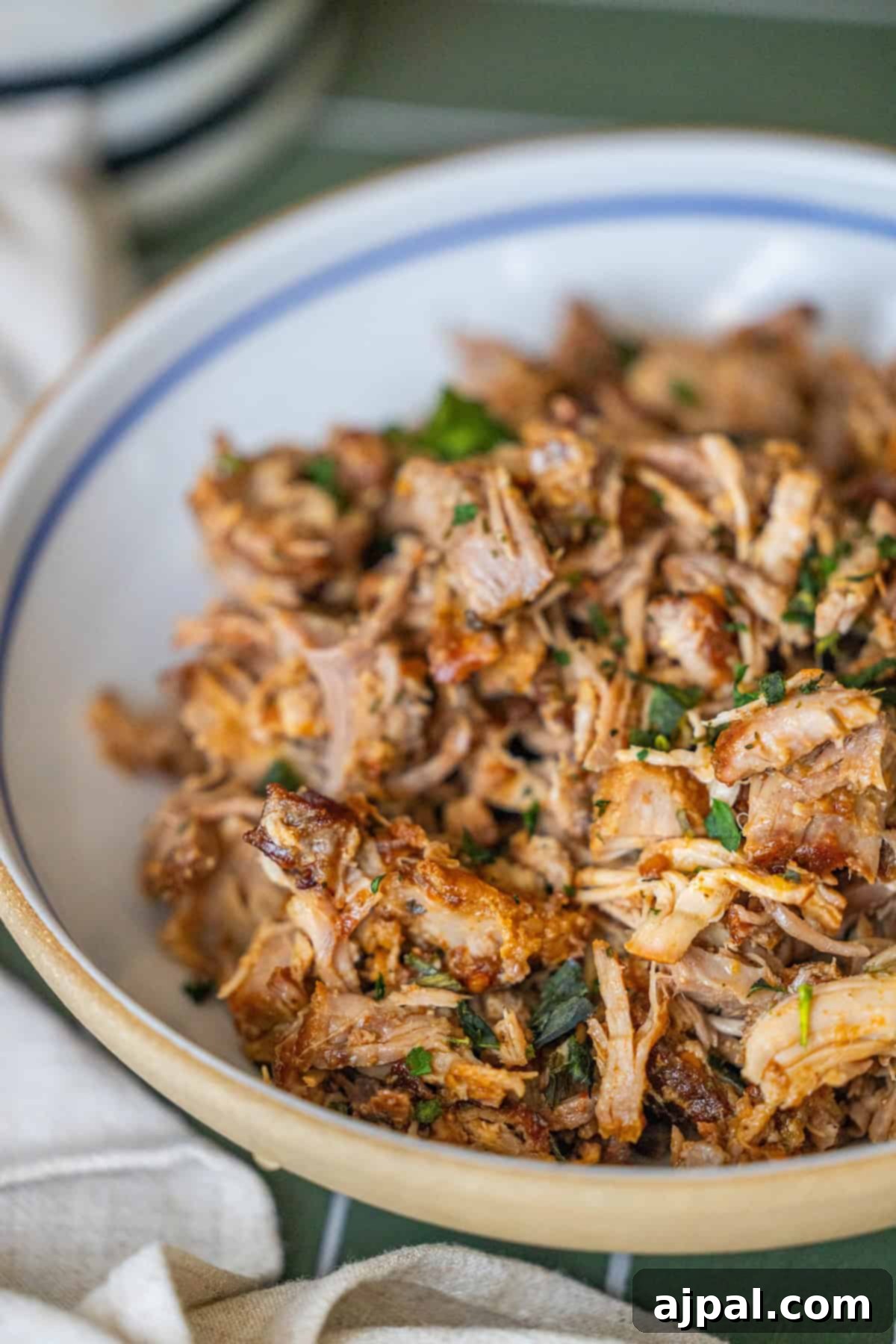 Close-up of a bowl filled with shredded, seasoned cooked pork, with Piri Piri flavors and herbs.