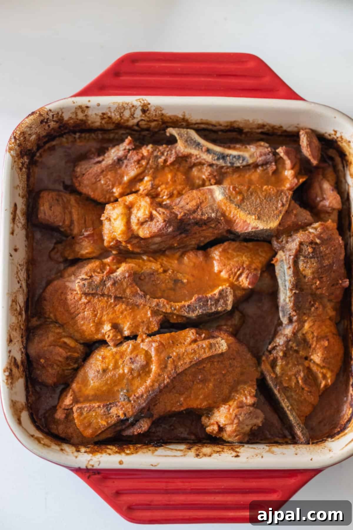 Dish of Country Style Ribs in a baking pan.