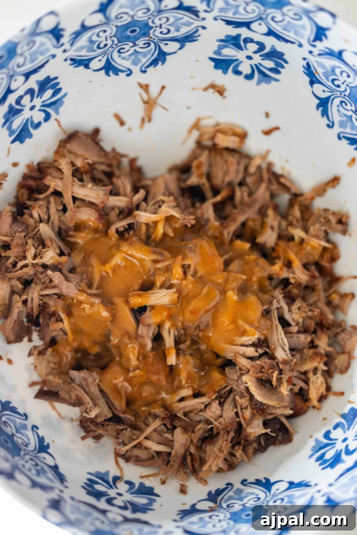Shredded Country Style Ribs topped with sauce.