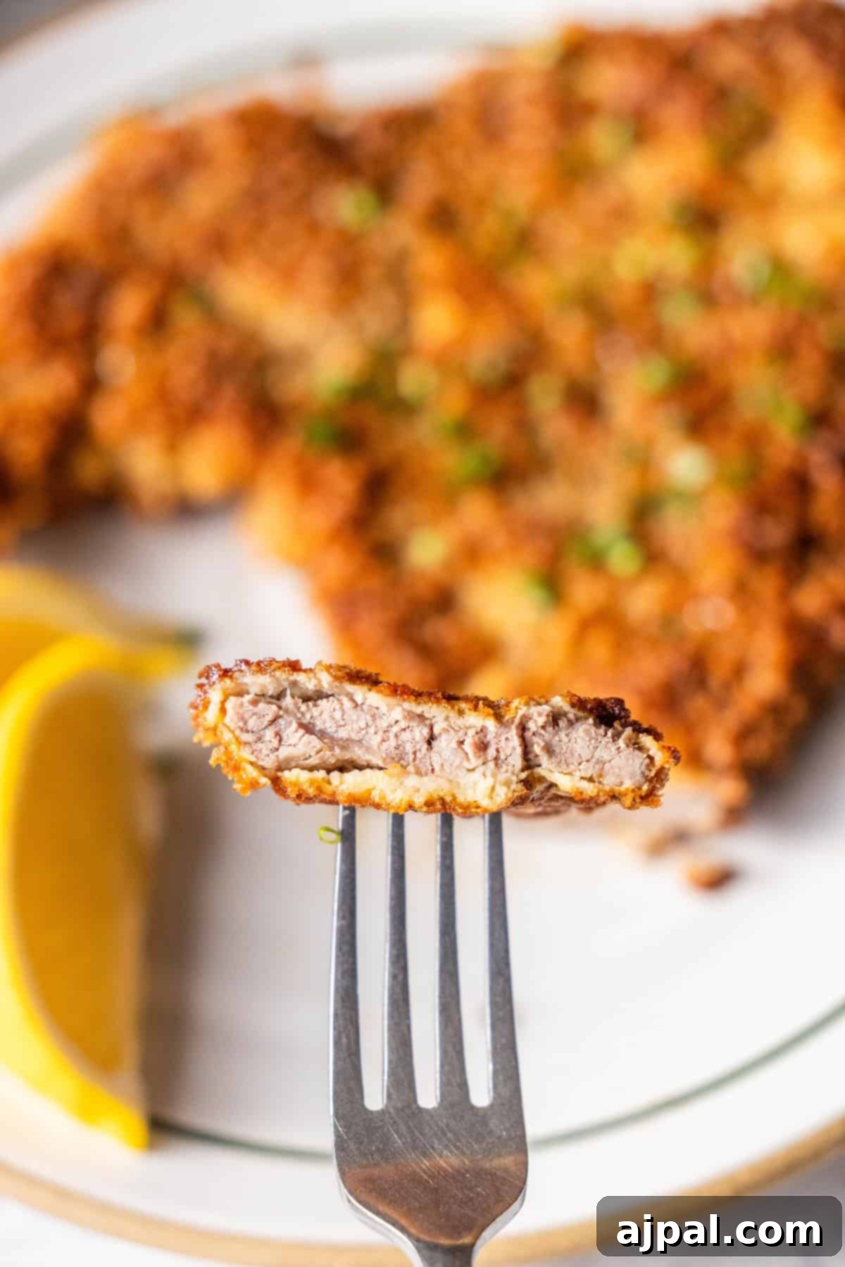 Close up of Beef Milanesa on a fork