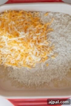 Uncooked white rice and a pile of shredded yellow and white cheese in a red baking dish, ready to be transformed into a delicious baked casserole.
