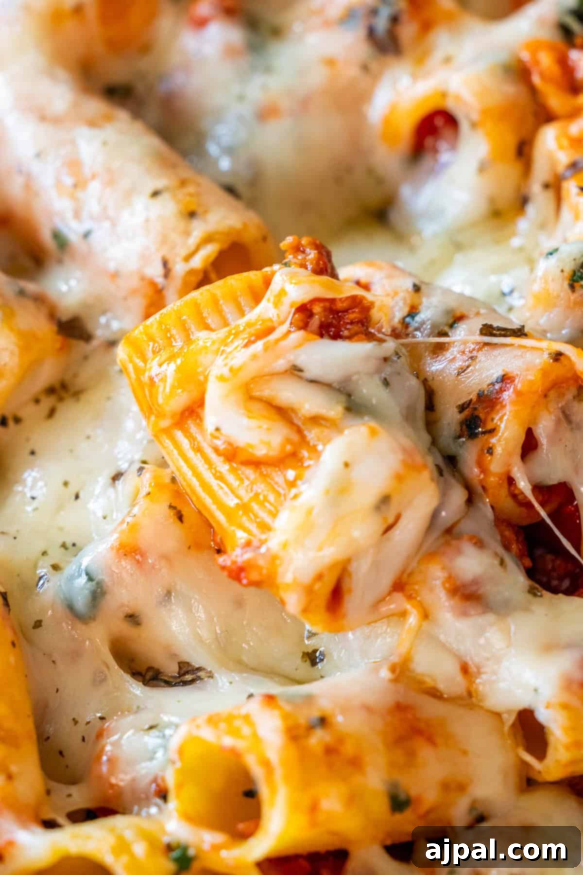 Close-up of Cheesy Baked Rigatoni with melted cheese, rich tomato sauce, and fresh herbs