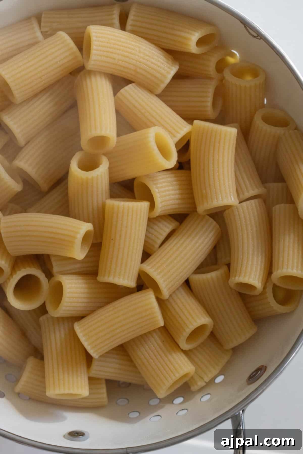 Cheesy baked rigatoni pasta draining in a white colander.