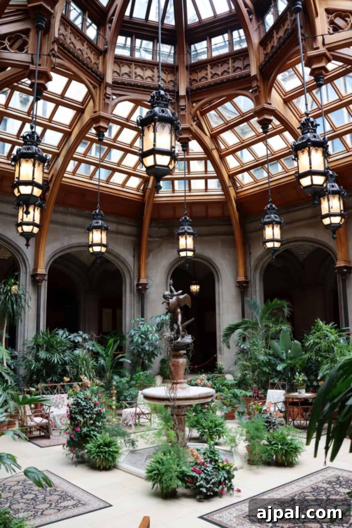 Indoor garden courtyard at Biltmore with fountain and lanterns
