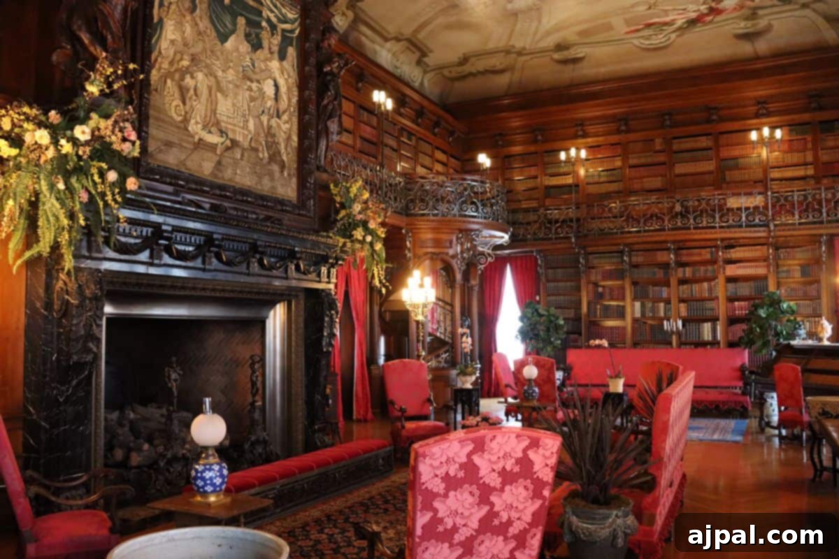 Grand library room with bookshelves and fireplace at Biltmore