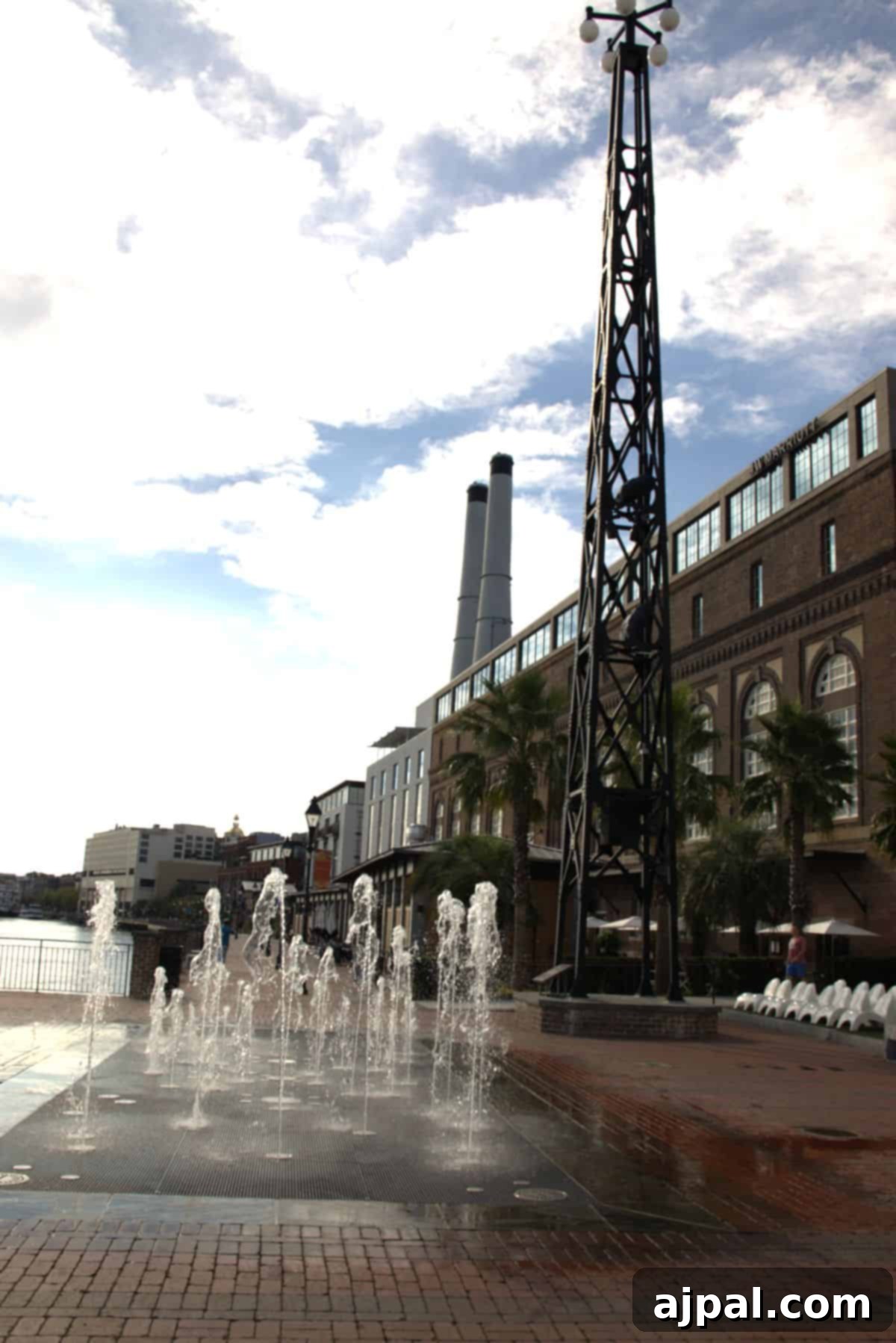 Brick plaza with fountains in Savannah