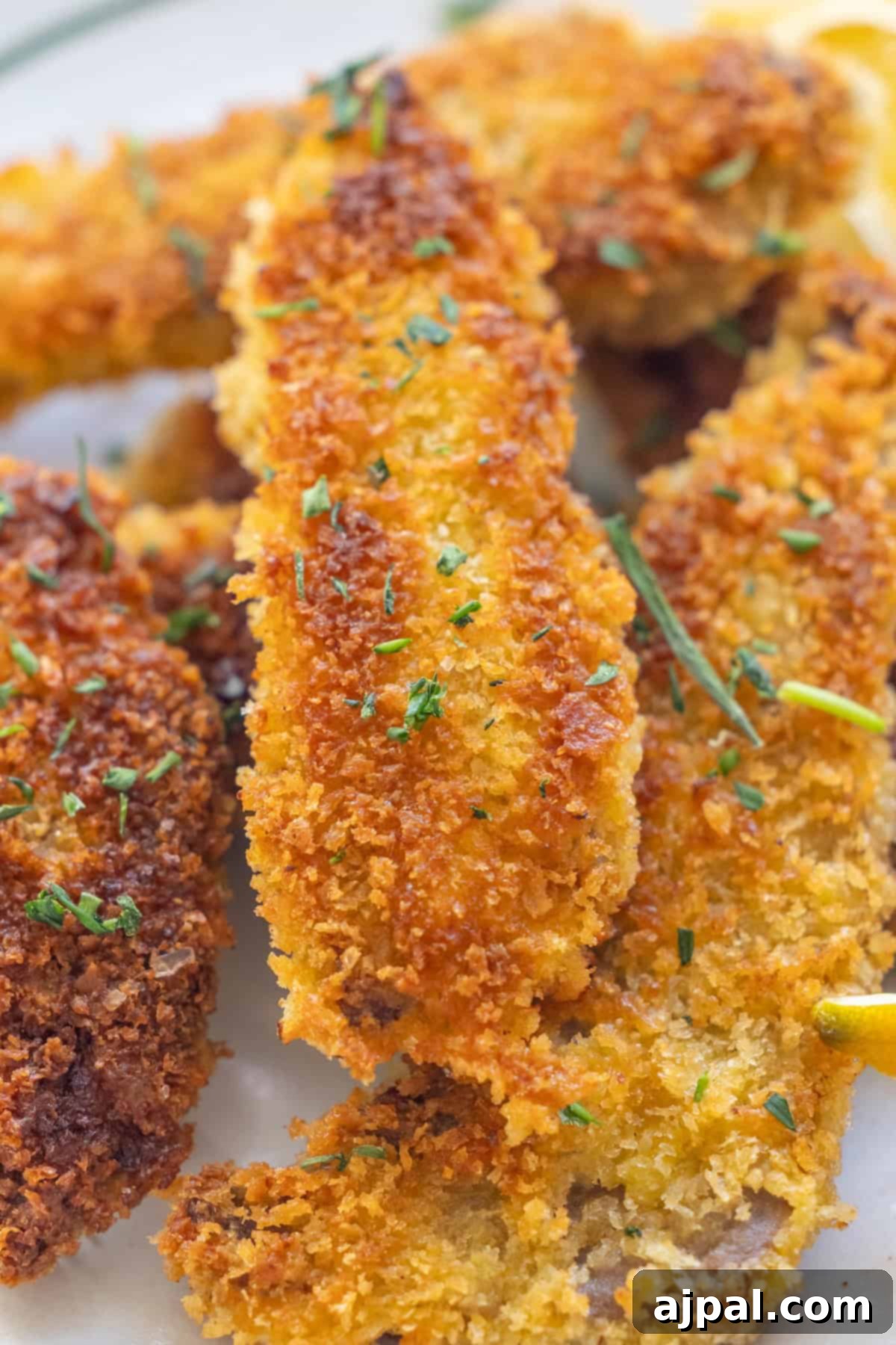 Golden brown pan-fried steak fingers on a plate