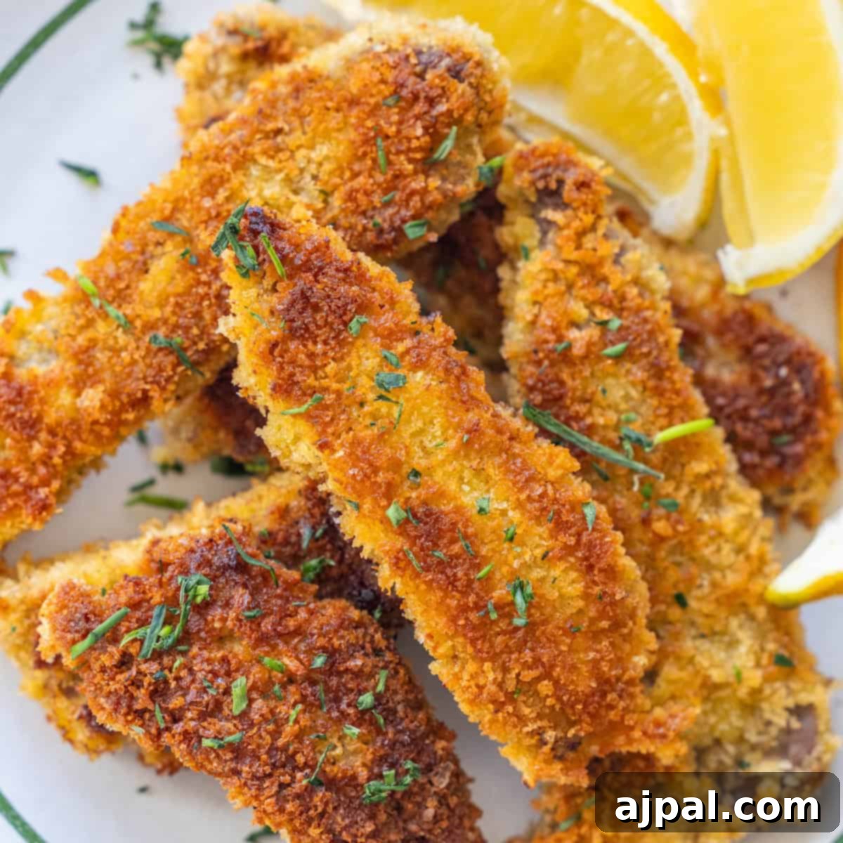 Golden-brown steak fingers garnished with herbs and lemon