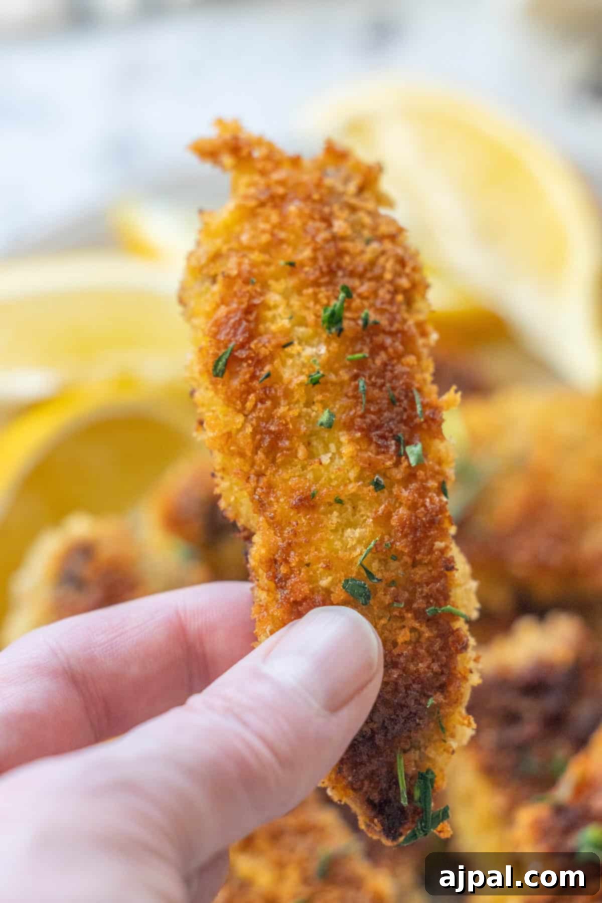 Hand holding a perfectly cooked steak finger
