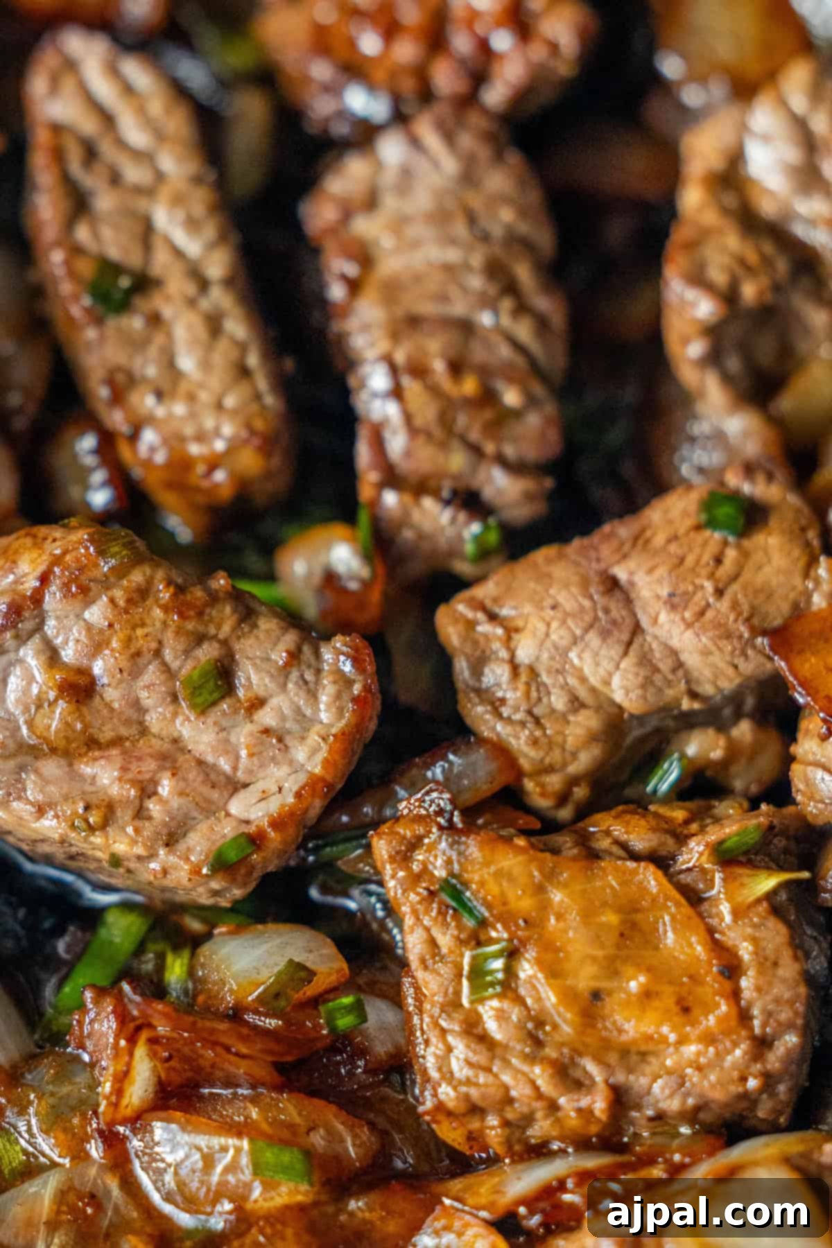 Sirloin Steak Bites 4 Cooked Beef Cubes with Green Onions and Onions