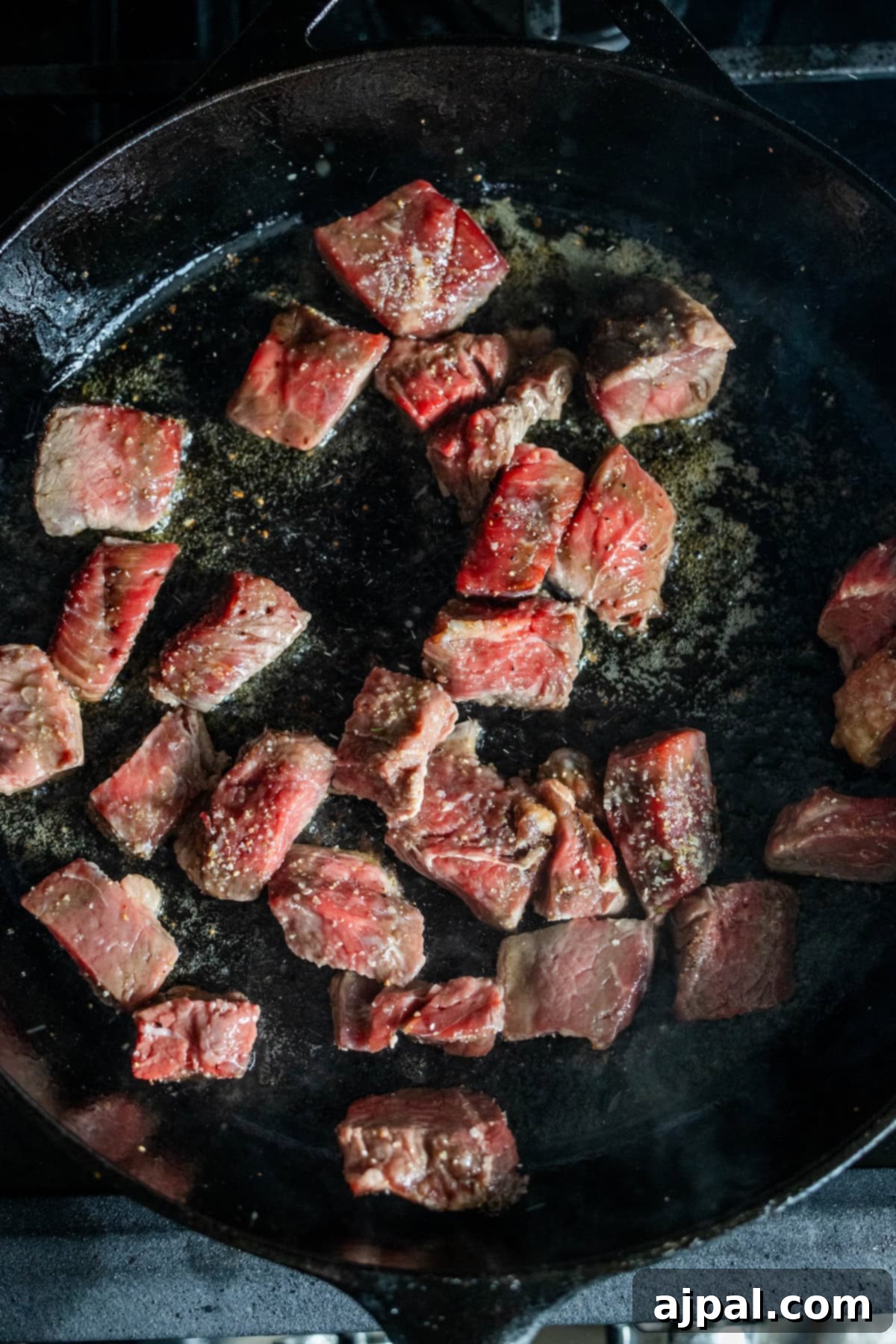 Sirloin Steak Bites 7 Sirloin Steak Tips Searing in Skillet
