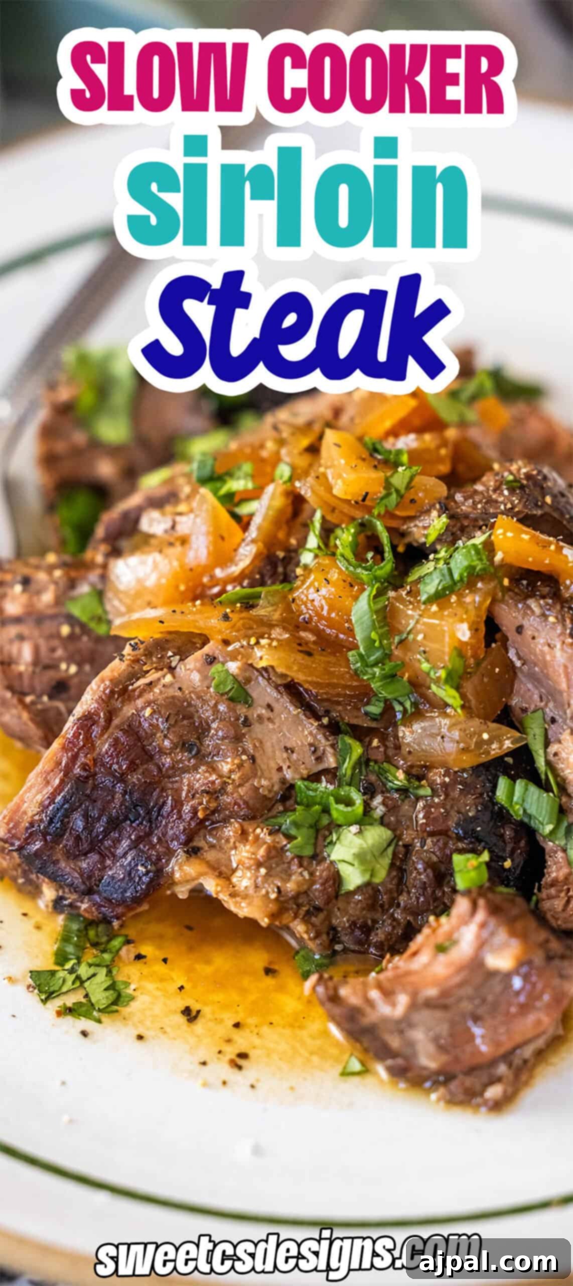 Plate of Slow Cooker Sirloin Steak with herbs and onions.