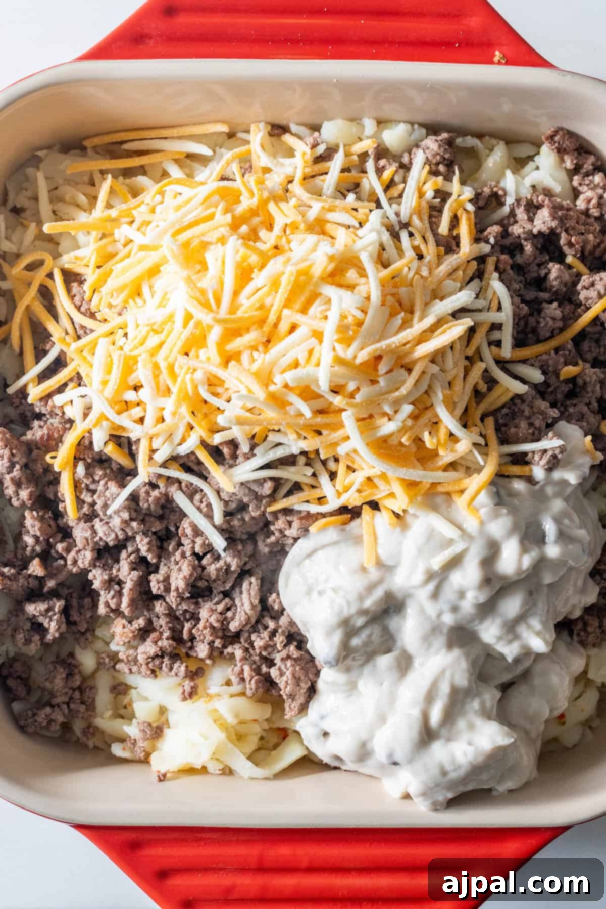 Cheesy Ground Beef and Potato Bake 7 Mixing Casserole Ingredients