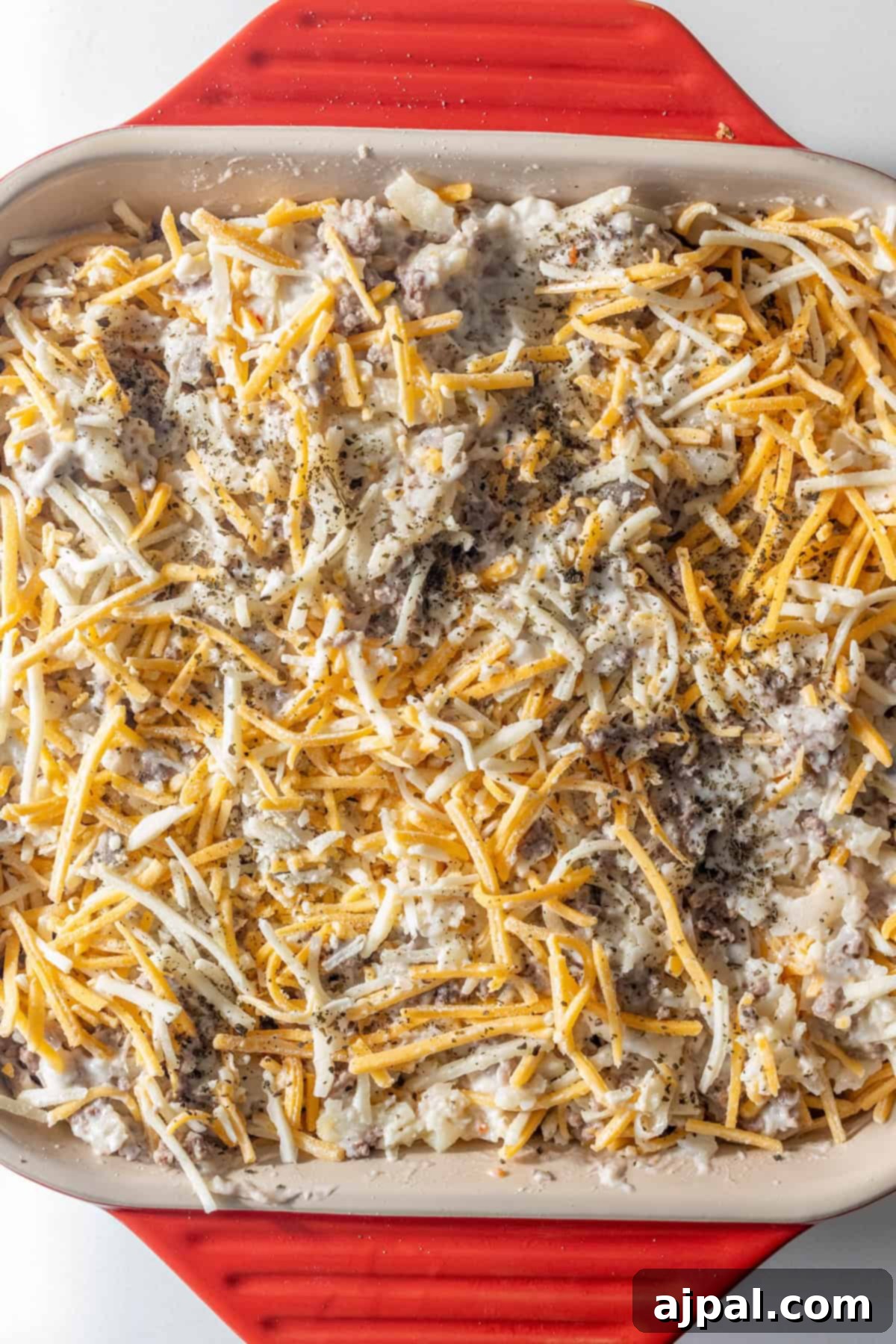 Cheesy Ground Beef and Potato Bake 8 Hashbrown Casserole in Baking Dish