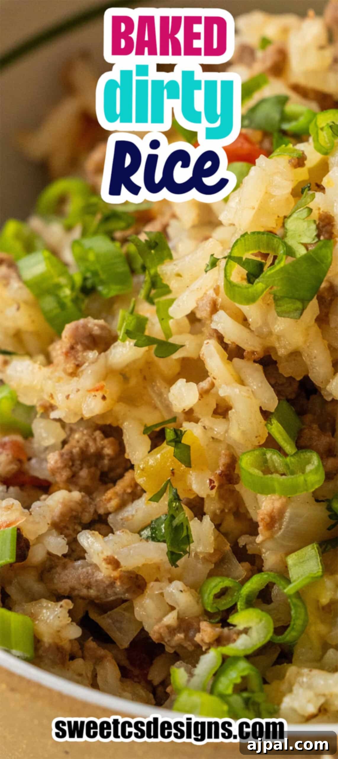 Close-up of Baked Dirty Rice with ground meat and chopped green onions, accompanied by text labels and a website URL.