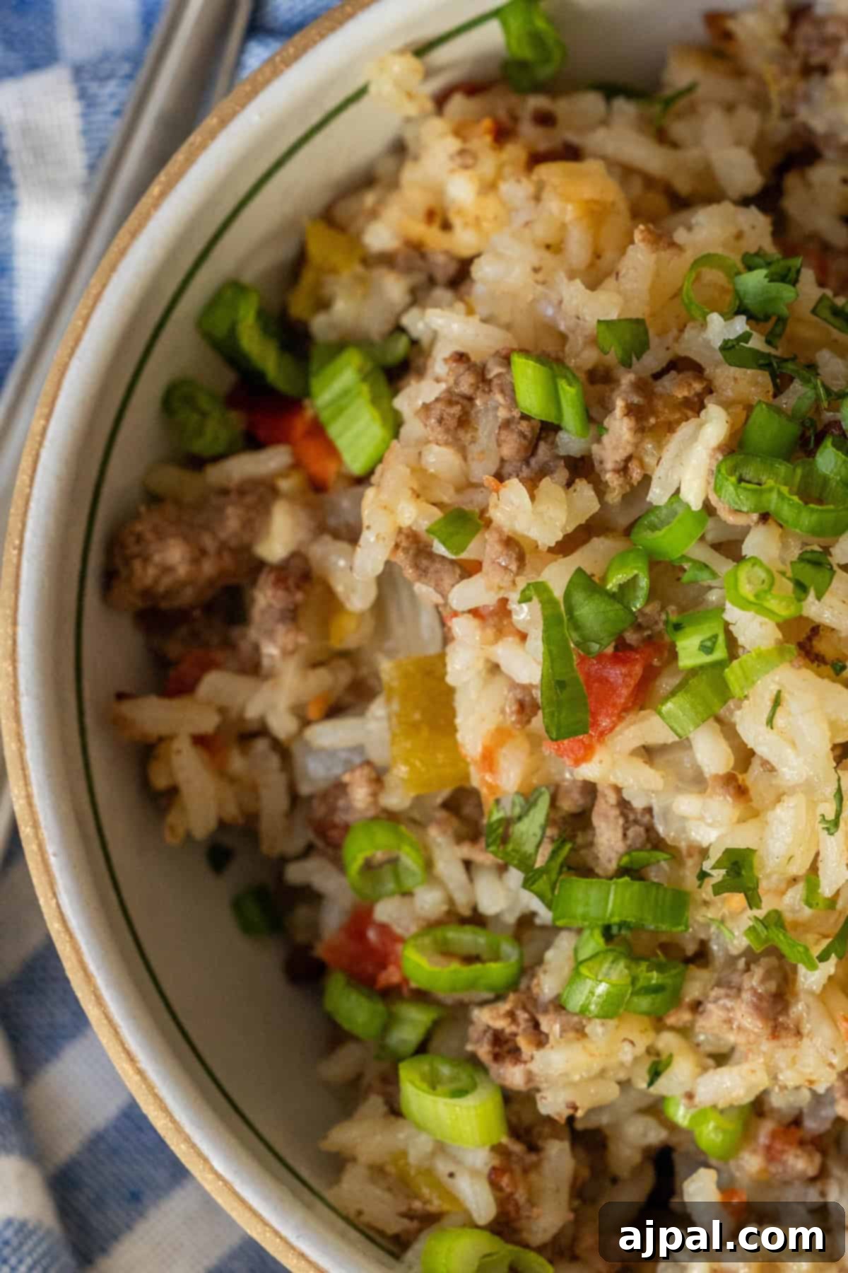 A close-up of a bowl filled with rice, ground meat, diced tomatoes, yellow peppers, and garnished with chopped green onions and herbs.