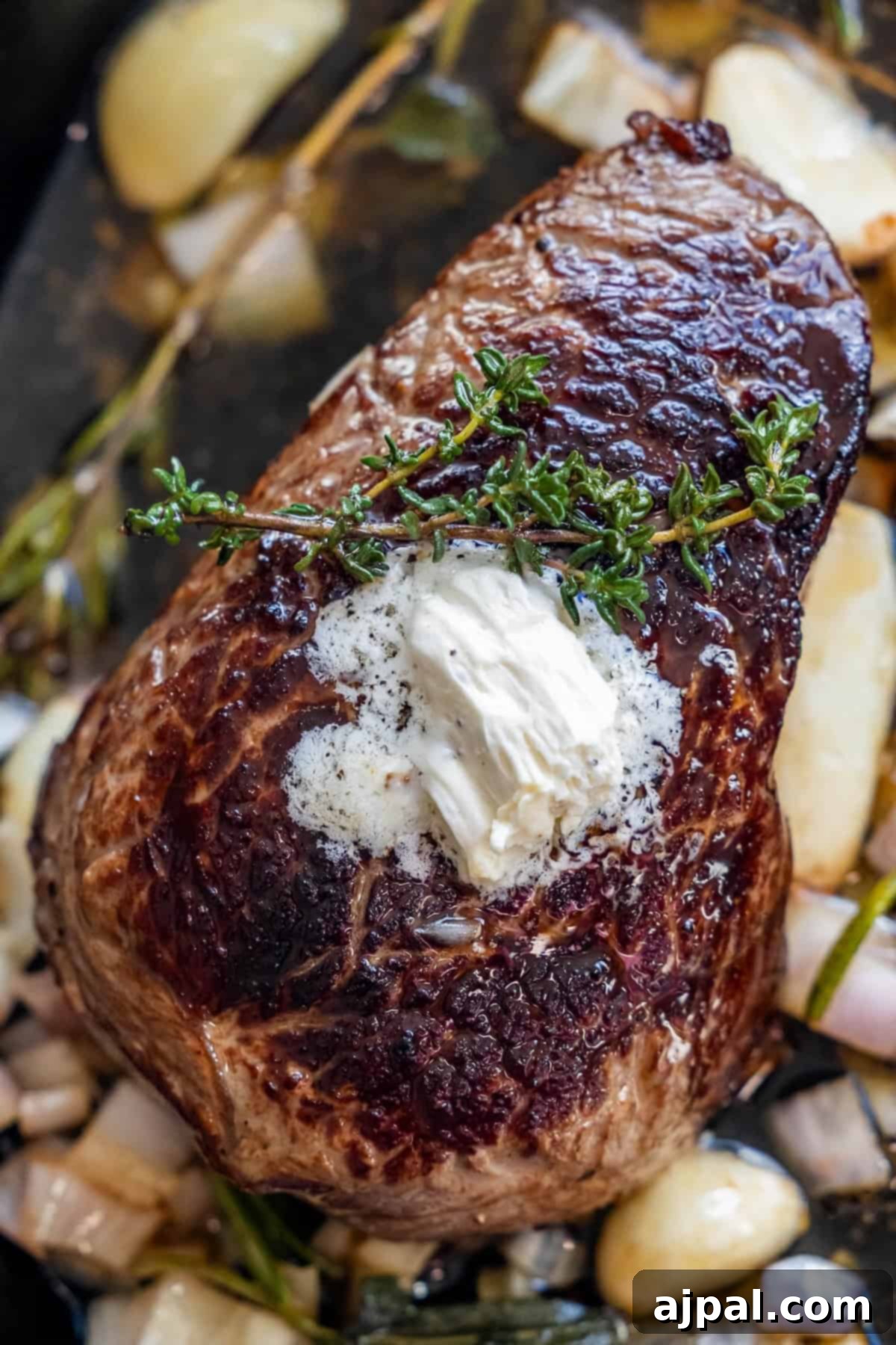 A perfectly seared Garlic Herb Sirloin Steak, topped with a melting pat of butter and a sprig of thyme, nestled among aromatic garlic cloves and chopped onions in a sizzling pan. Close-up view.