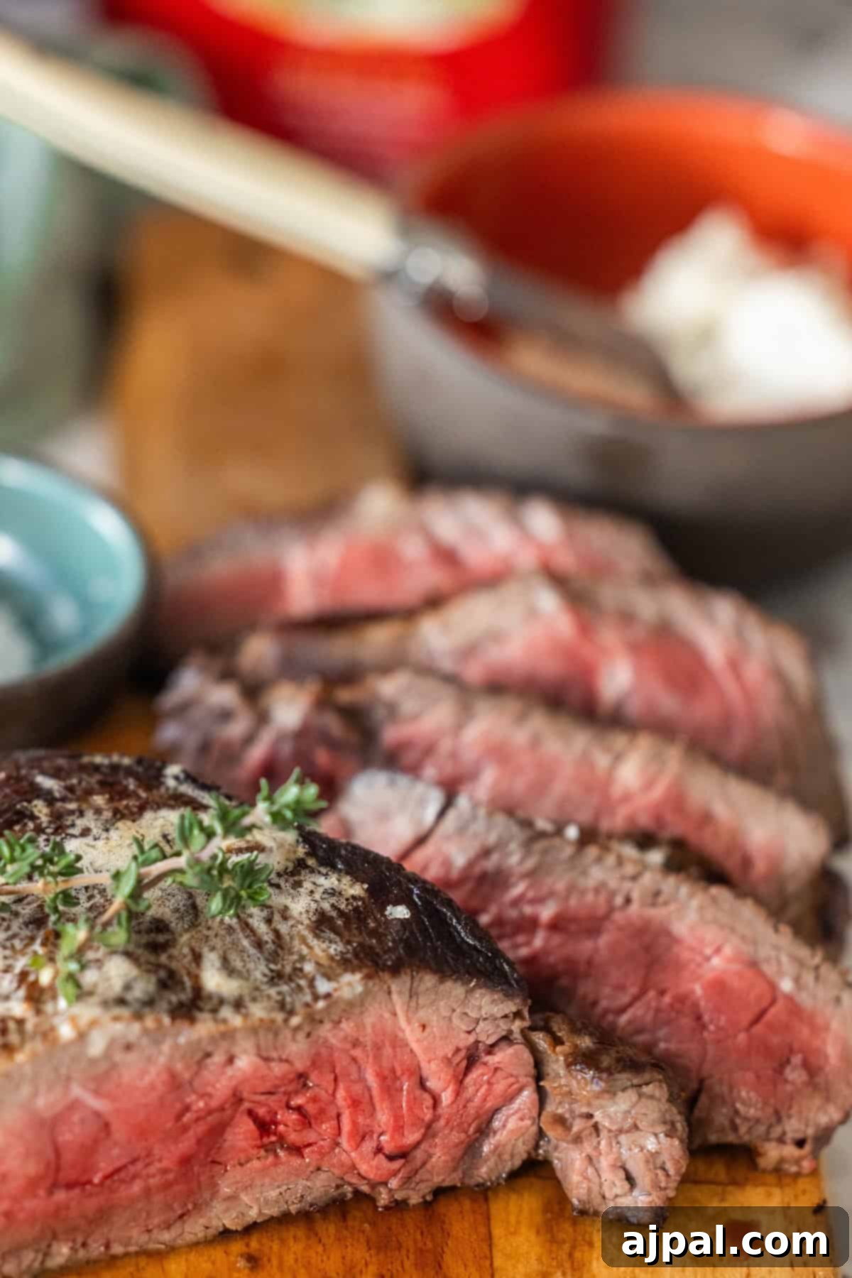 Beautifully sliced medium-rare sirloin steak, artfully arranged on a rustic wooden board. Fresh herbs and garlic adorn the steak, with small bowls of delectable sauce and cream subtly blurred in the background.