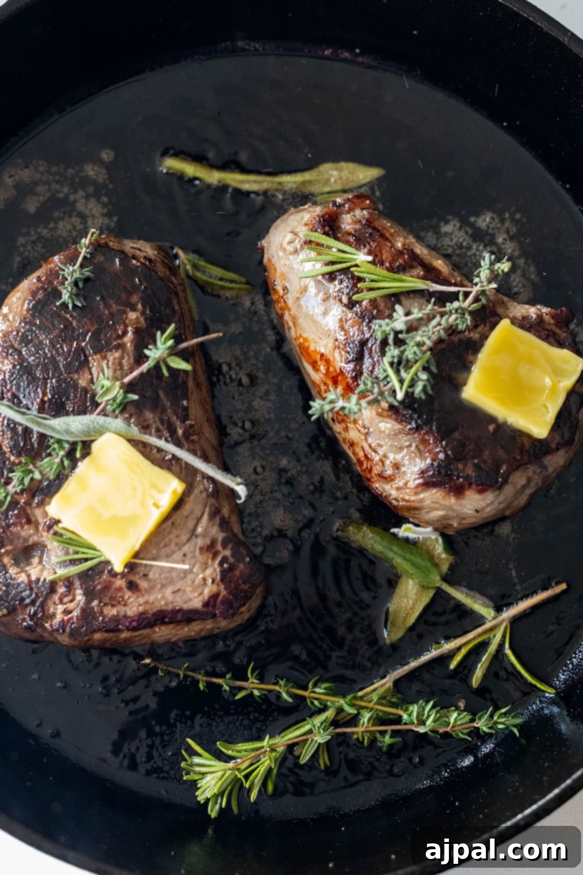 Two seared Sirloin Steaks resting in a black skillet, each topped with a melting pat of butter and garnished generously with fresh herbs, including fragrant rosemary and thyme. A showcase for the perfect Garlic Herb Steak experience.
