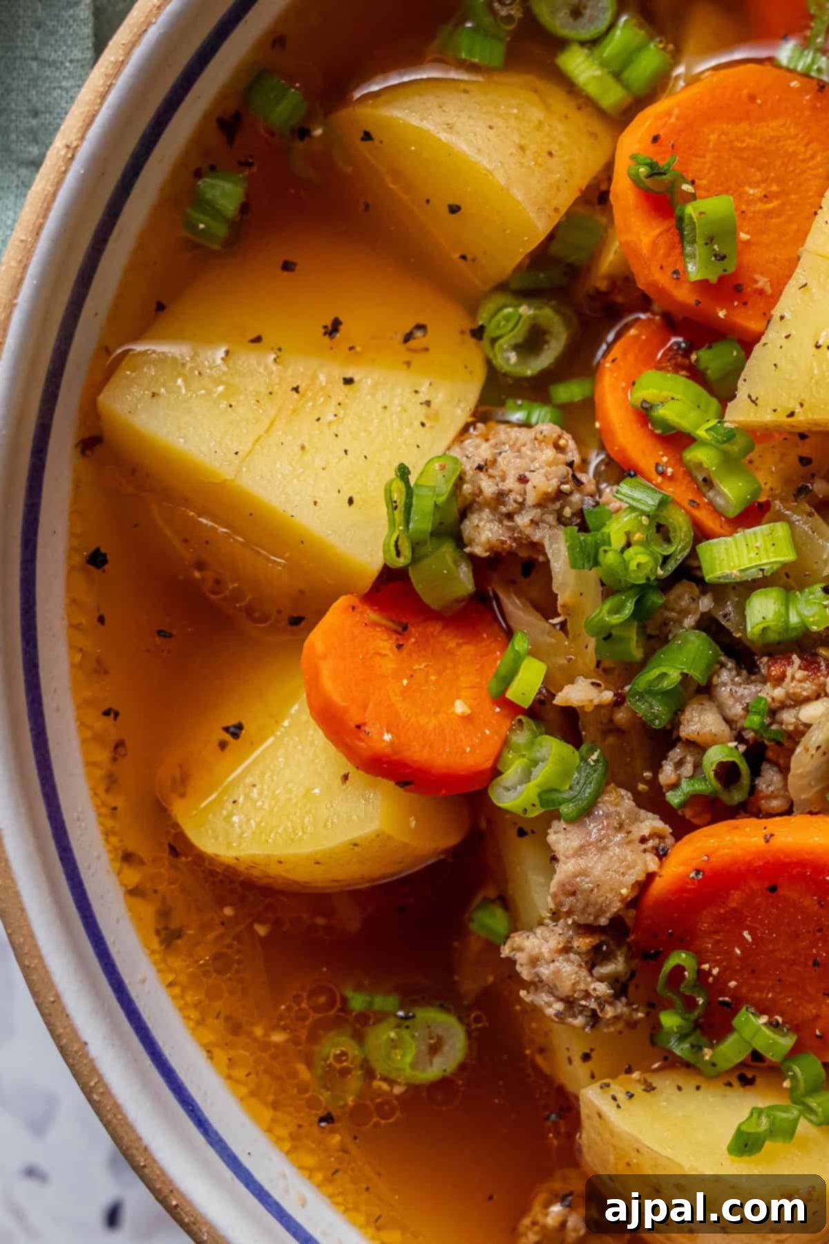 Close-up of a bowl of Sausage Vegetable Soup