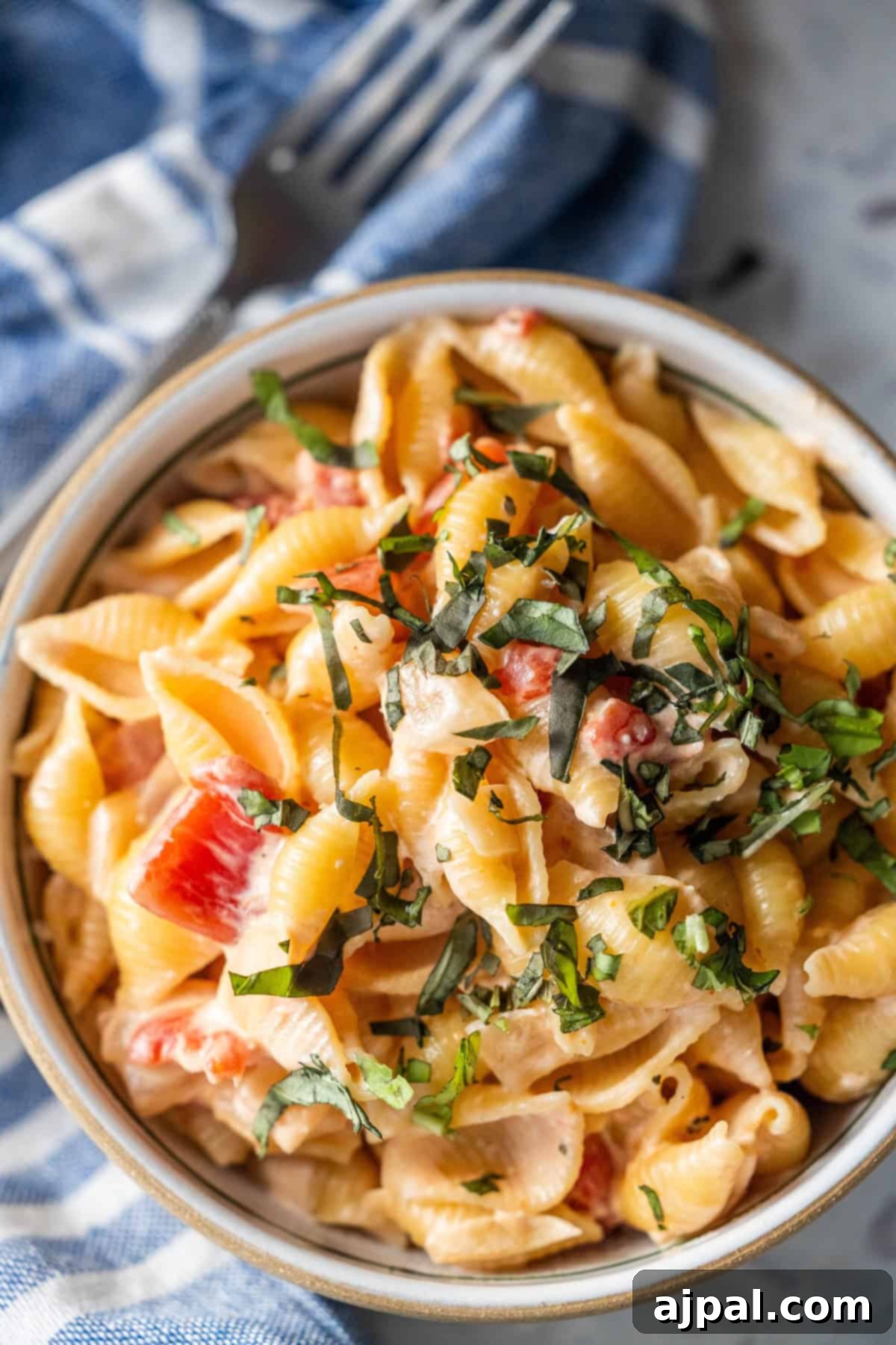 Creamy tomato orecchiette pasta being served in a bowl.
