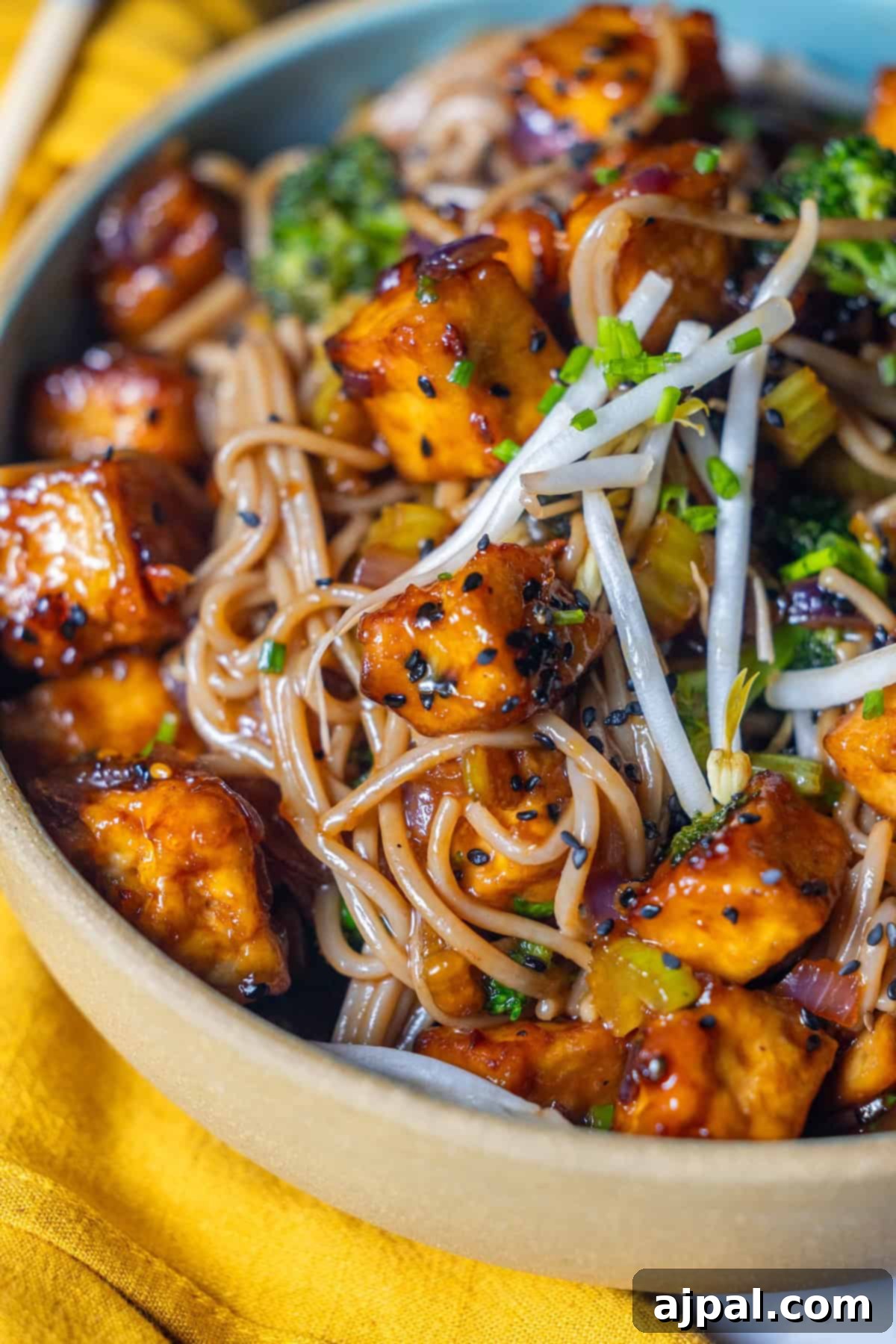 A flavorful bowl of soba noodle stir fry with crispy tofu, broccoli, bean sprouts, and green onions, sprinkled with black sesame seeds.