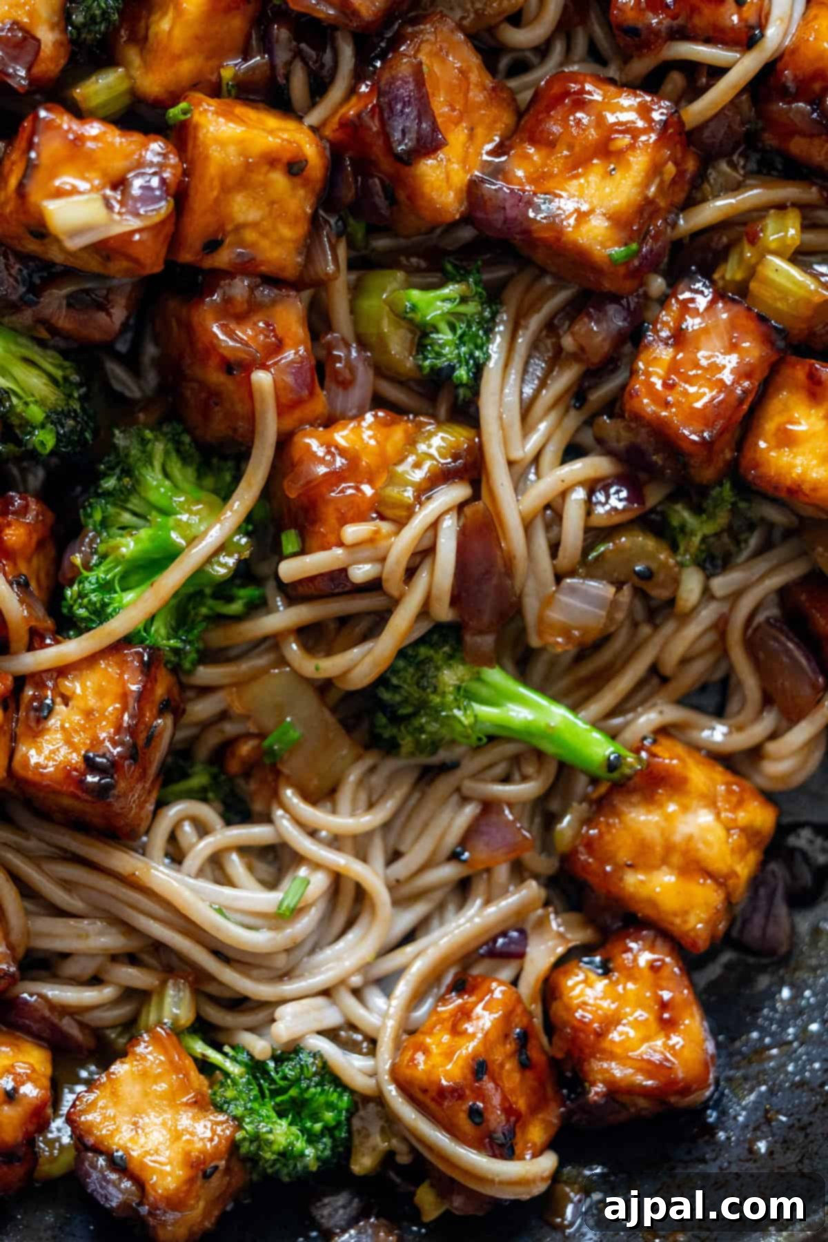 Soba noodles stir fry with crispy tofu.