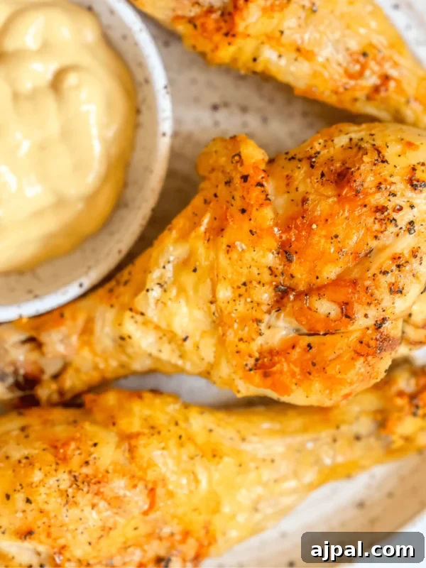 picture of air fried chicken drumsticks on a white plate with mustard dipping sauce next to it