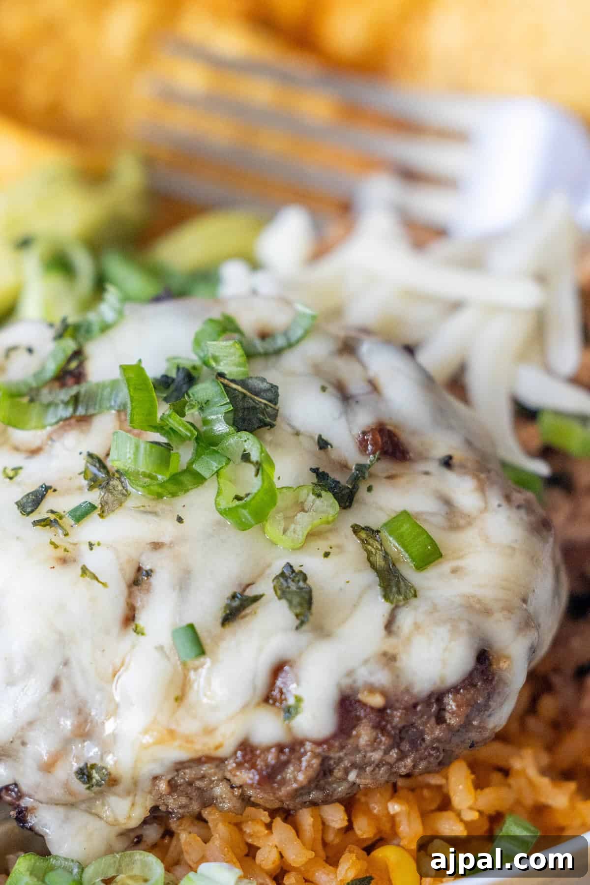 A hamburger patty topped with melted cheese and chopped green onions, inspired by a Green Chile Burger, served on a bed of seasoned rice with a plastic fork in the background.
