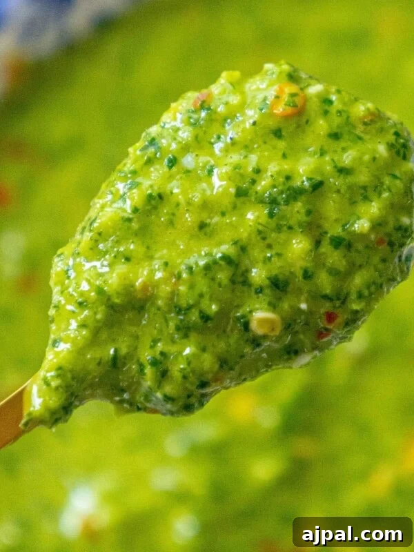 Armenian Spiced Lamb Kebabs Recipe with Authentic Seasoning 14 bright green sauce with flecks of cilantro and red pepper flakes on a spoon over a bowl of zhoug sauce