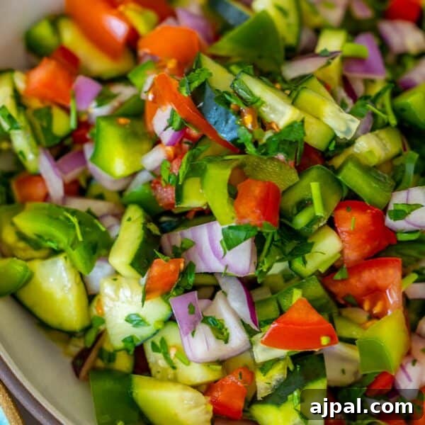 Armenian Spiced Lamb Kebabs Recipe with Authentic Seasoning 15 A close-up of a vibrant Jerusalem salad brimming with cucumbers, red onion, tomatoes, bell peppers, and cilantro.